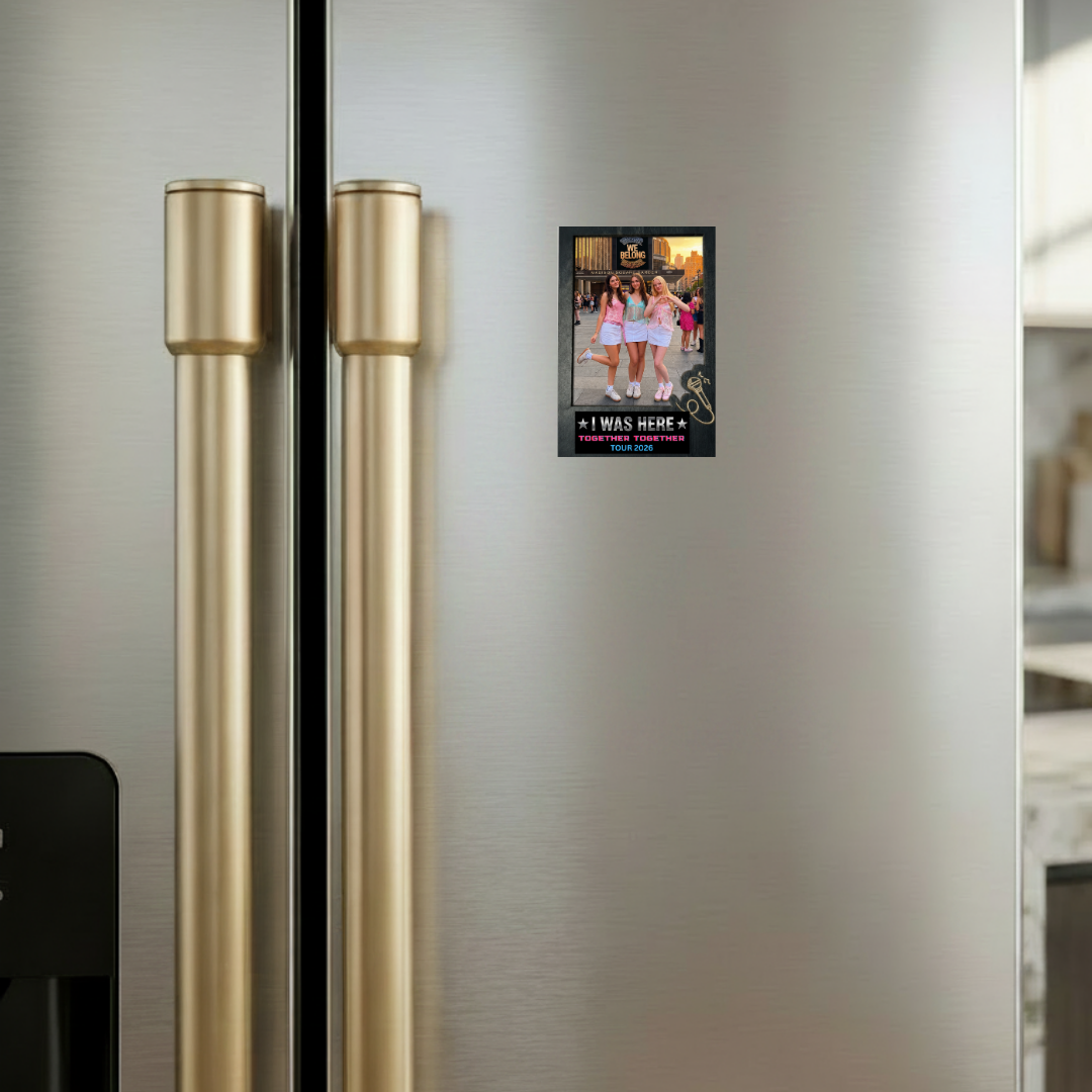 Image of A small rectangular photo magnet or sign with a black border is attached to the right door of a stainless steel refrigerator. The magnet shows a photo of two girls in pink dresses with the text 'I WAS HERE' and 'TOUR' below, Harry Styles concert memory