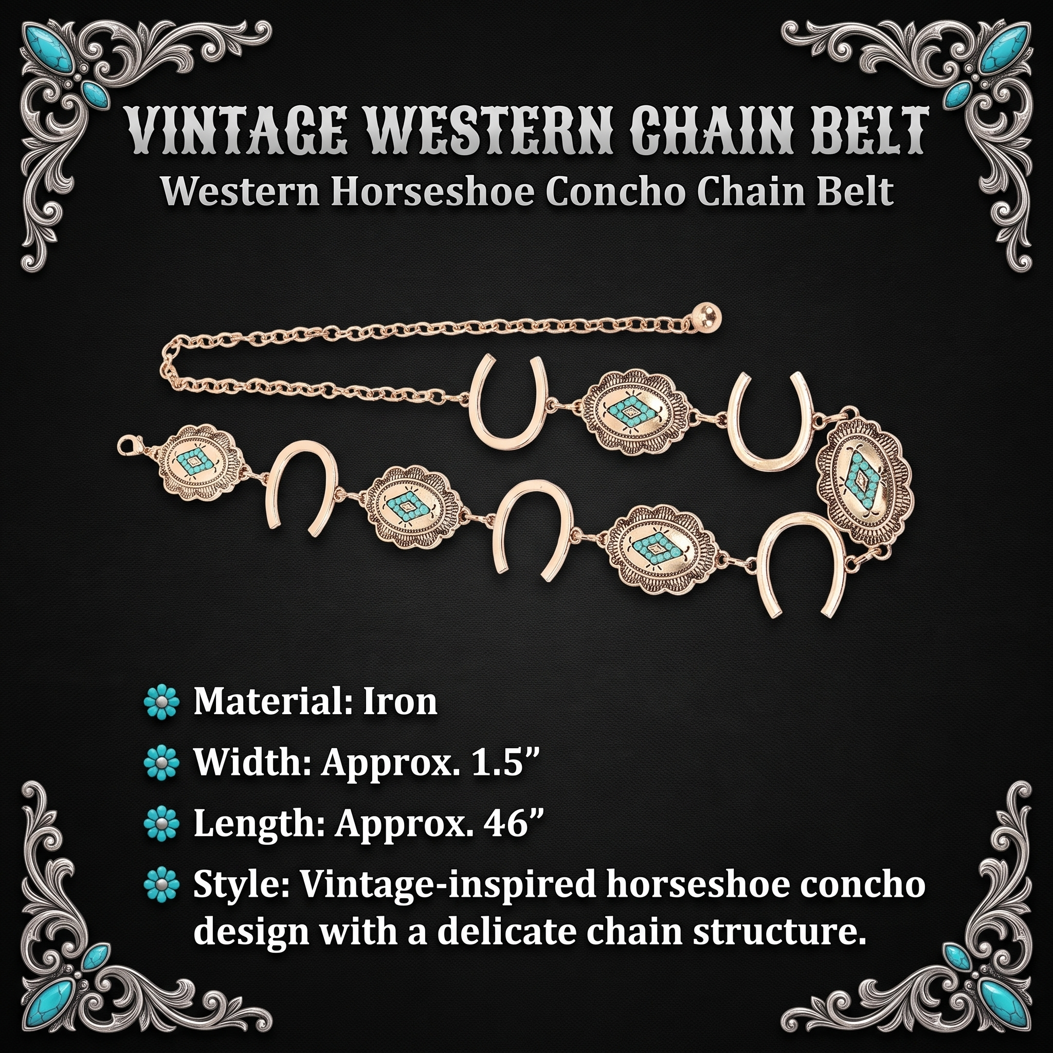 Image of Vintage western chain belt product info card — antique gold horseshoe concho chain belt, iron, 1.5 inch width, 46 inch length