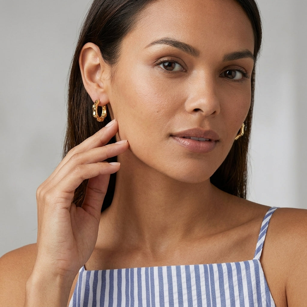 Image of Bamboo Huggie Hoop Earrings | Gold Nature Inspired Hoops