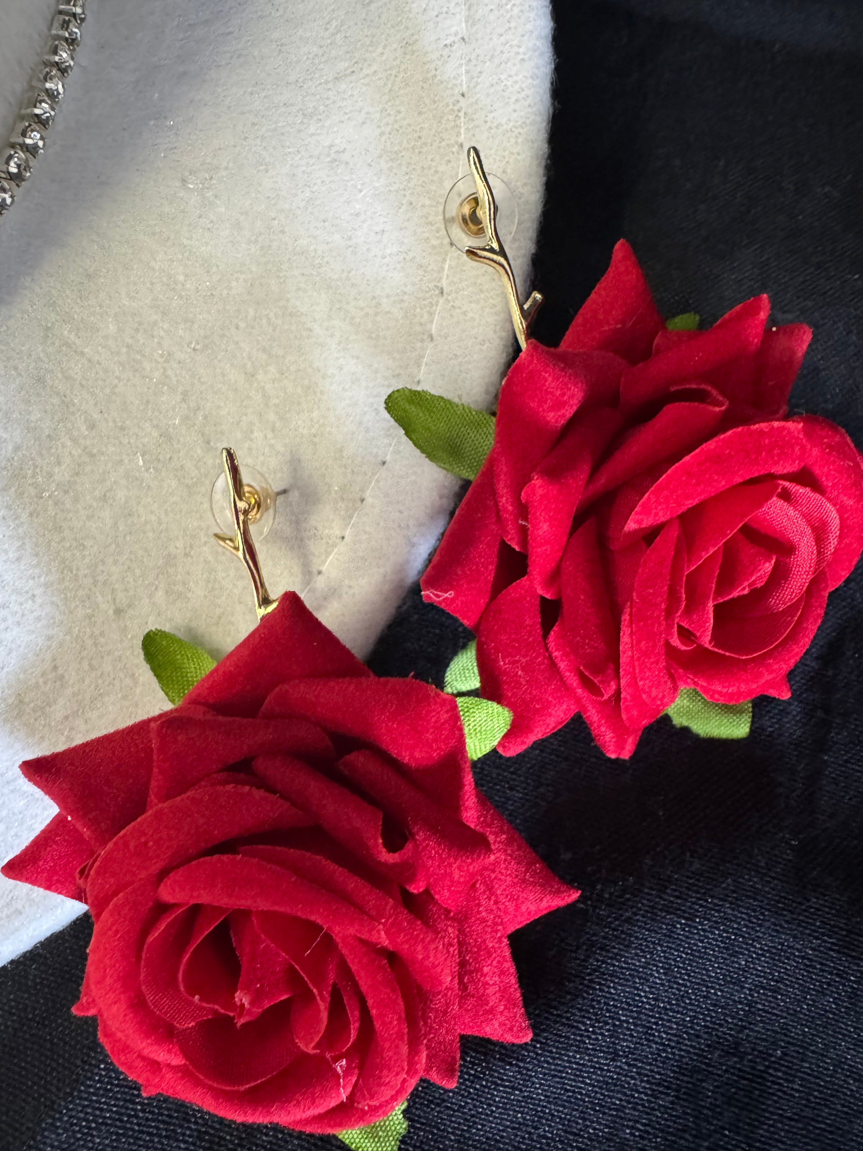 Image of Red Rose Drop Earrings Gold Stem Post