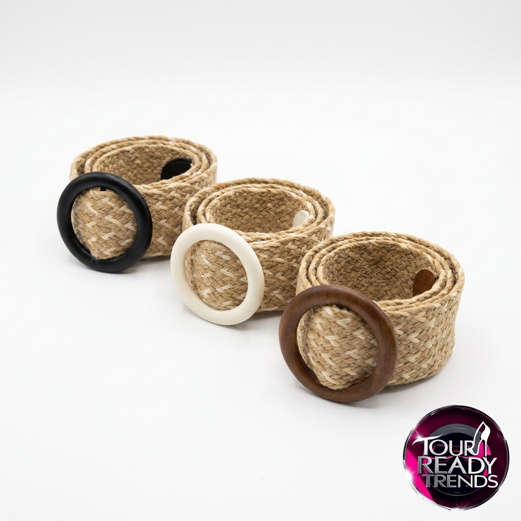 Image of Boho belts in three colorways — tan, cream, and black woven belts with wood ring buckles