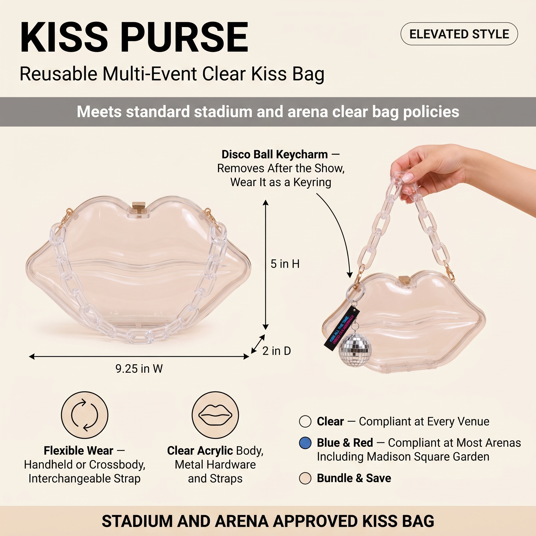 Image of Kiss Purse dimensions and features: 9.25 by 5 by 2 inches, clear acrylic