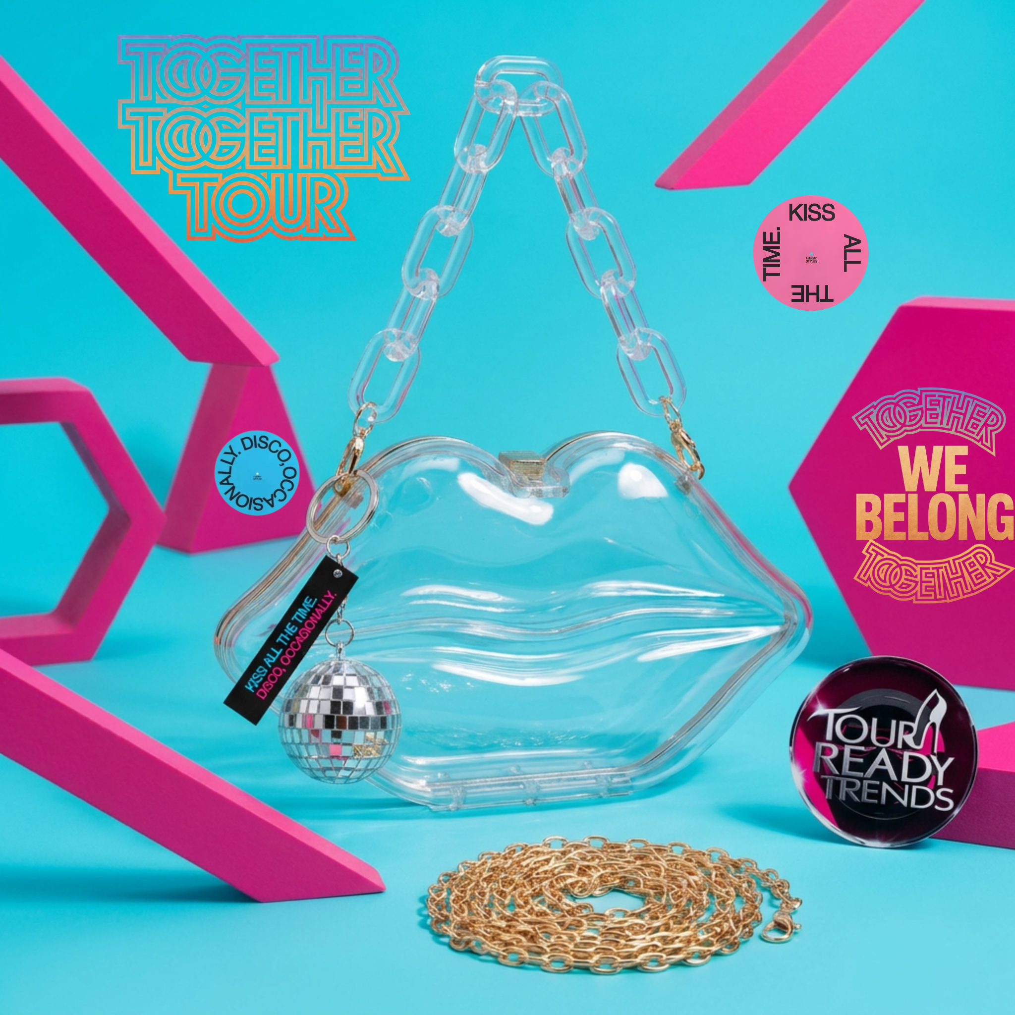 Image of Clear Kiss Purse concert bag styled with disco ball keycharm