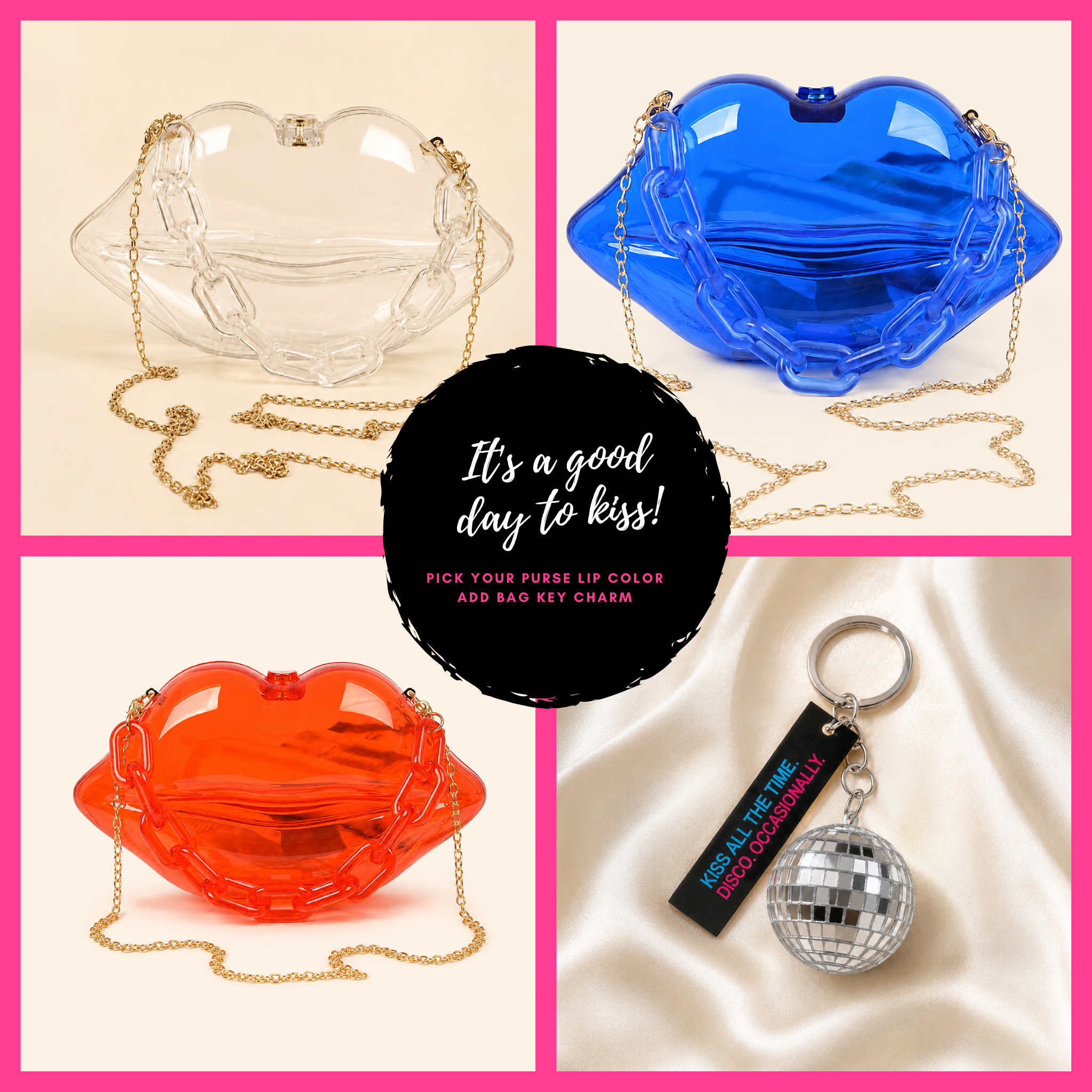 Image of Kiss Purse color options: clear, blue, and red with disco ball charm