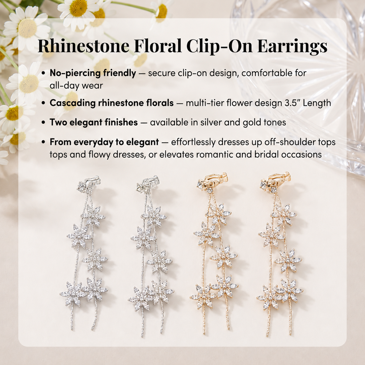 Image of Clip-on rhinestone floral earrings are displayed on a soft cream background with decorative daisy flowers in the top left corner. The top of the image contains marketing text describing the earrings' features, including secure clip-on design, cascading rhinestone florals, silver and gold finishes, and bridal/everyday styling.