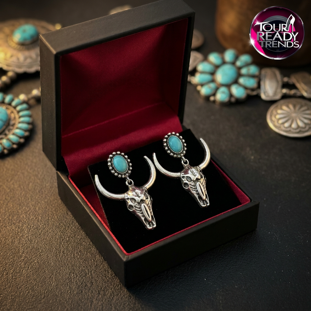 Image of Turquoise jewelry earrings, longhorn detail in gift box
