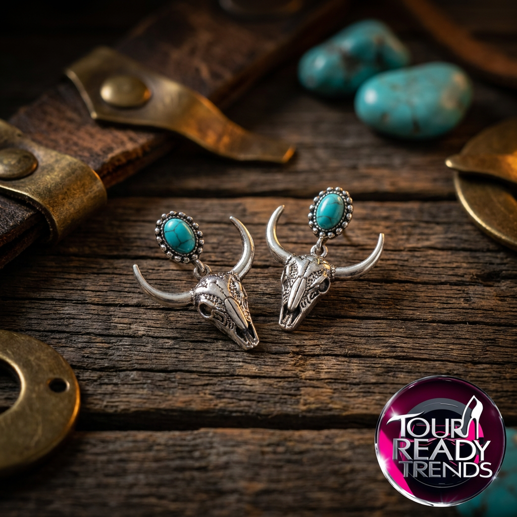 Image of Turquoise jewelry earrings, longhorn detail flat lay on wood