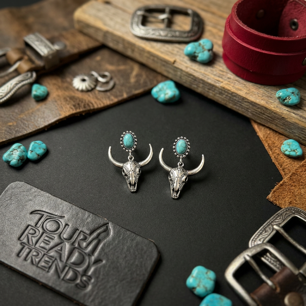 Image of Turquoise jewelry earrings with longhorn detail on leather background