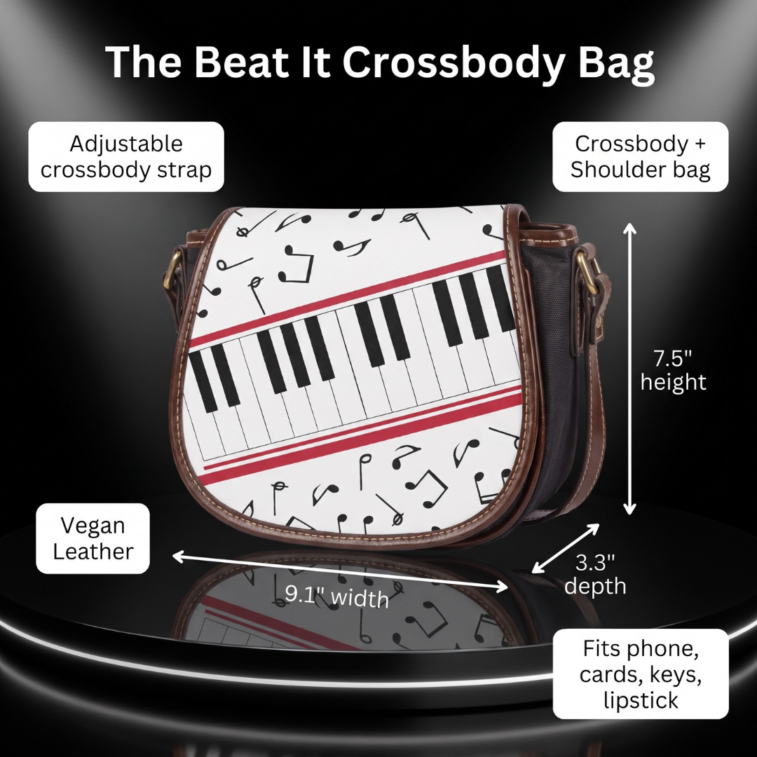 Image of Music lover gift crossbody bag size details, 9.1 inch width, 7.5 inch height, 3.3 inch depth, adjustable crossbody and shoulder strap, vegan leather