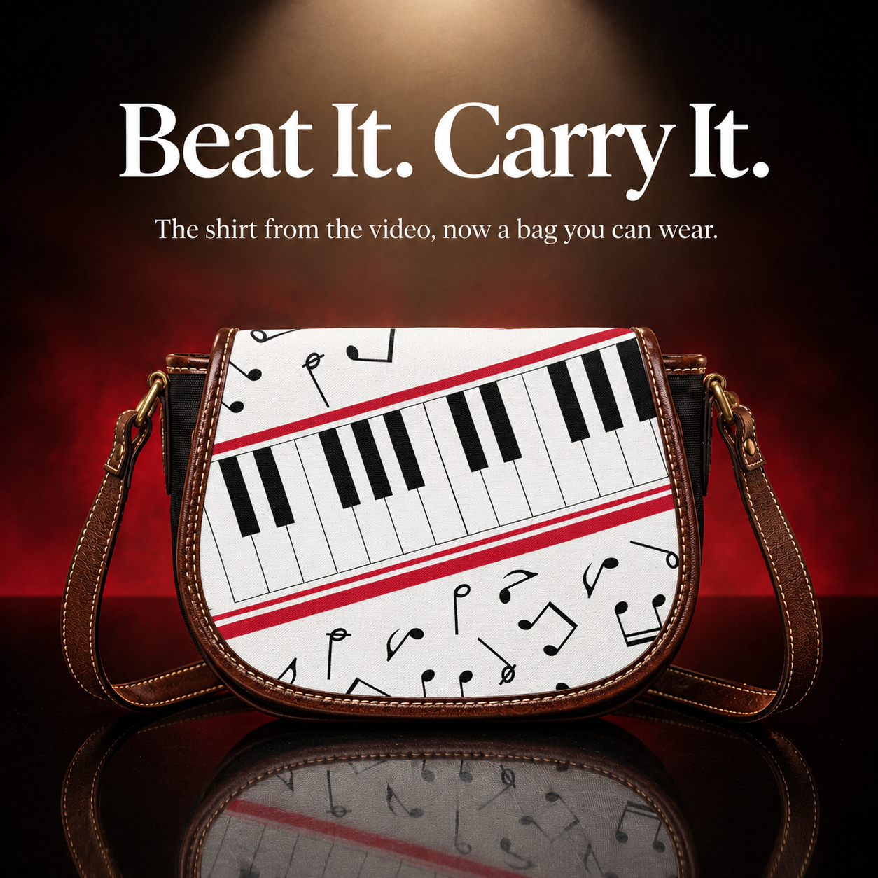 Image of Piano key crossbody bag inspired by the shirt Michael Jackson wore in the Beat It video, a music lover gift with red stripes, music notes, and brown vegan leather trim
