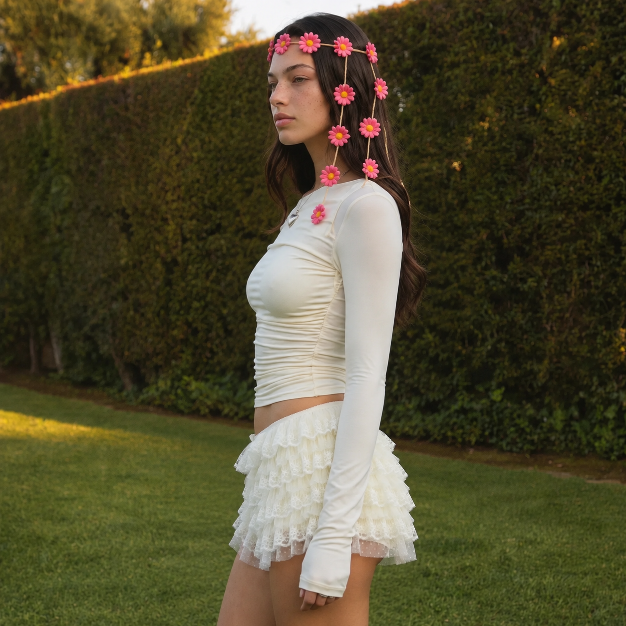 Image of Side view of a woman wearing a Hot Pink Daisy flower headband, cascading daisy strands with wood beads