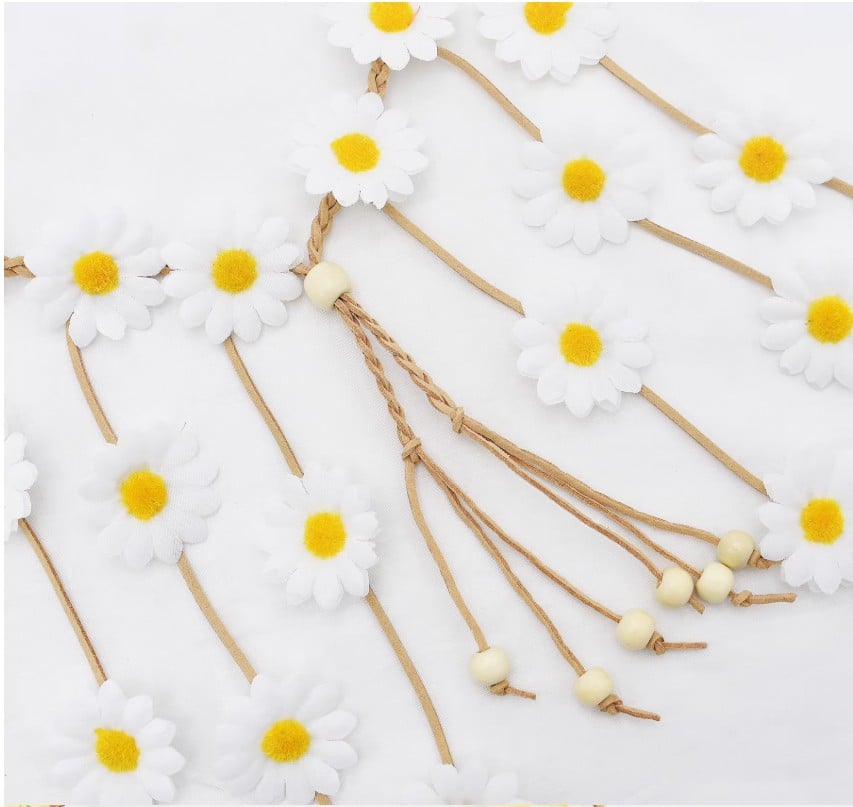 Image of White Daisy flower headband flat lay — cascading boho hair wreath strands with natural wood beads