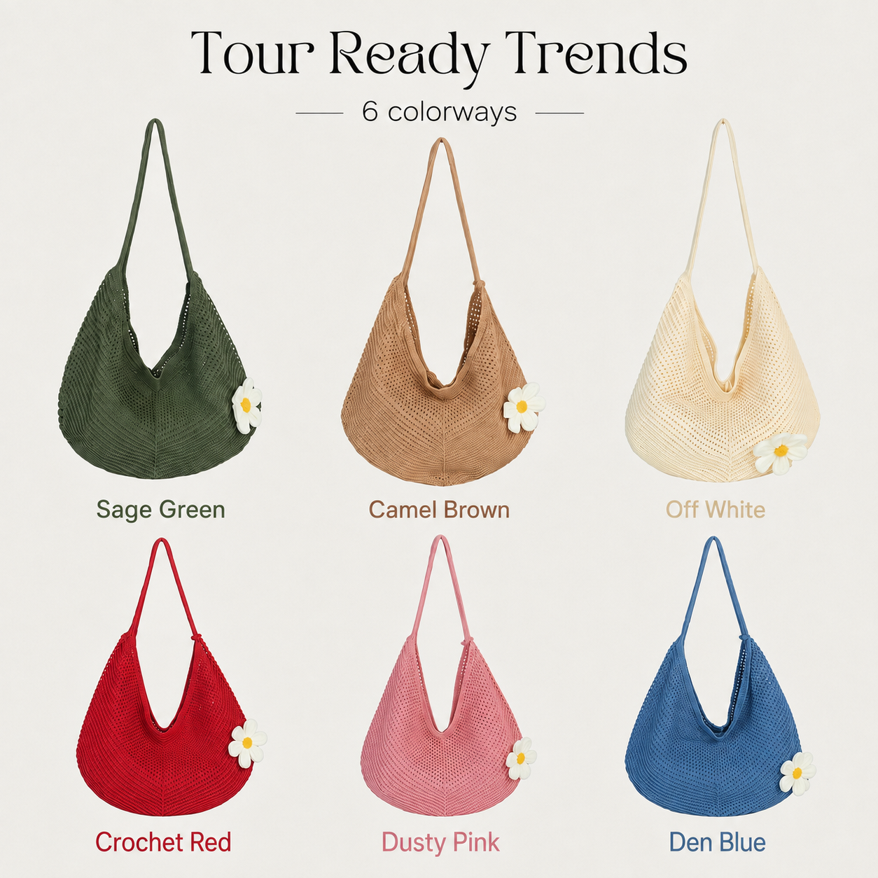 Image of Boho crochet hobo bag shown in six colorways — olive, camel, cream, red, pink, and blue — each with a knitted daisy accent