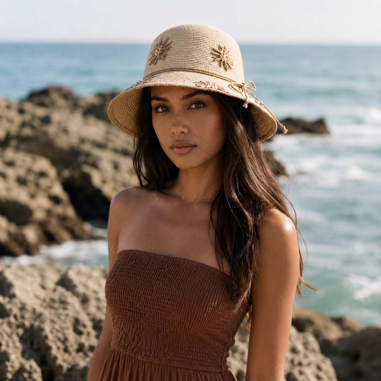 Image of A woman wearing a Raffia Bucket Hat  with embroidered details and a brown strapless smocked dress stands on a rocky beach with the ocean in the background.