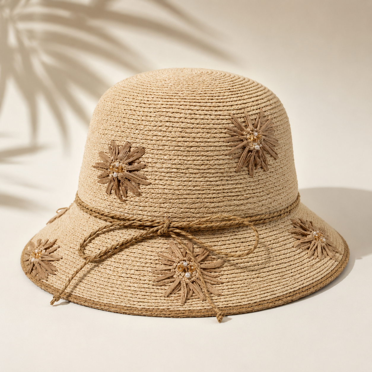 Image of A beige woven straw bucket hat with decorative woven flower embellishments and a matching rope bow on the brim, photographed on a warm off-white background with soft palm leaf shadows.