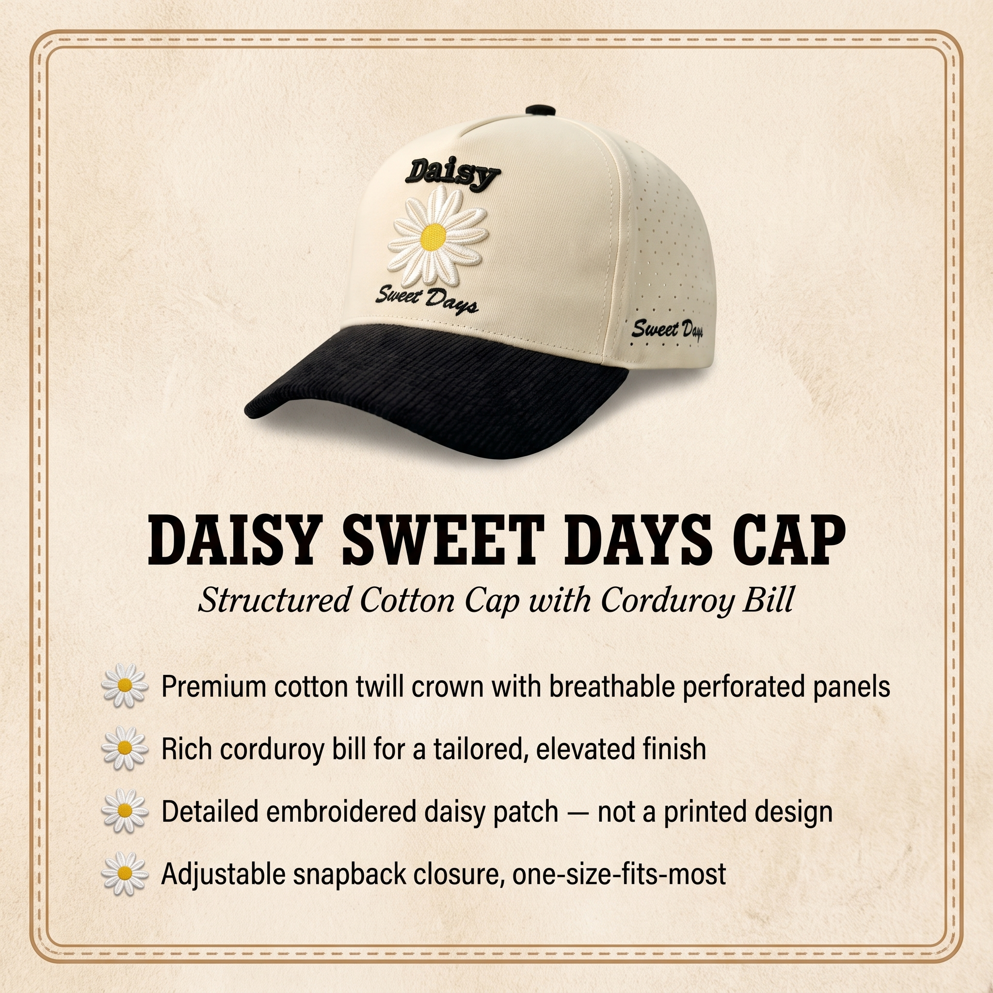 Image of structured cotton crown with corduroy bill, embroidered daisy patch, adjustable snapback, one-size-fits-most