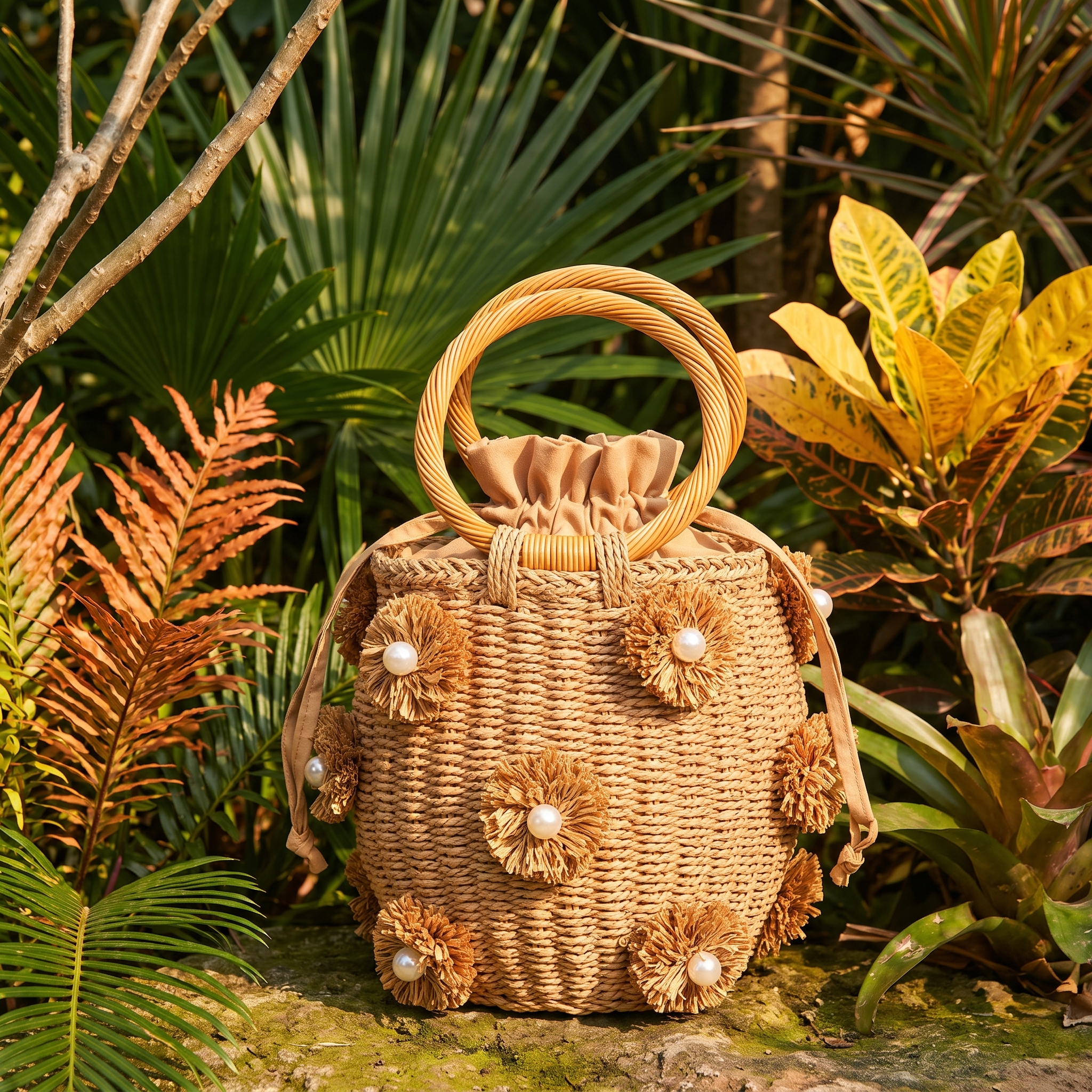Image of A natural woven straw bucket bag with a round top handle, drawstring closure, and decorative pom-pom flowers with pearl centers, set against a lush tropical garden background.