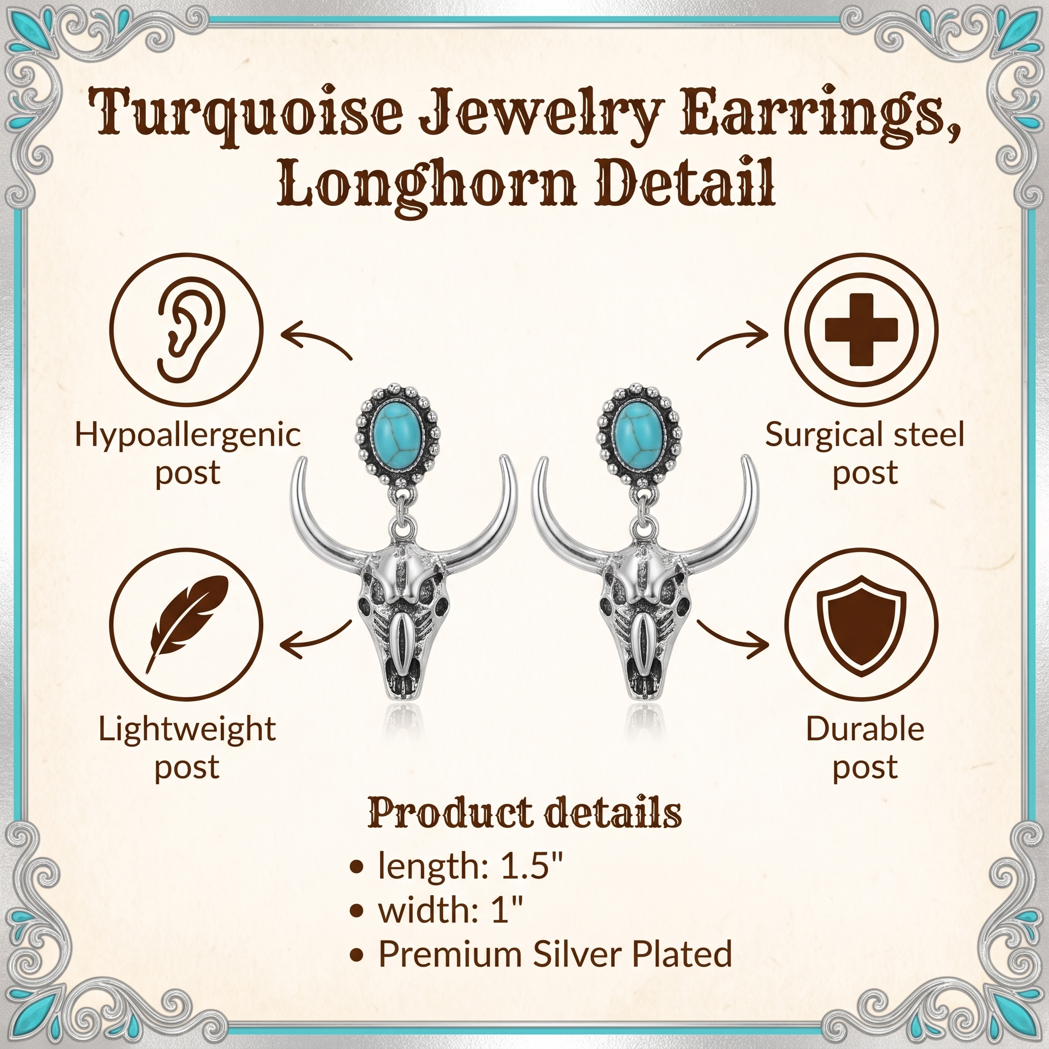 Image of Turquoise jewelry earrings spec card — hypoallergenic surgical steel posts