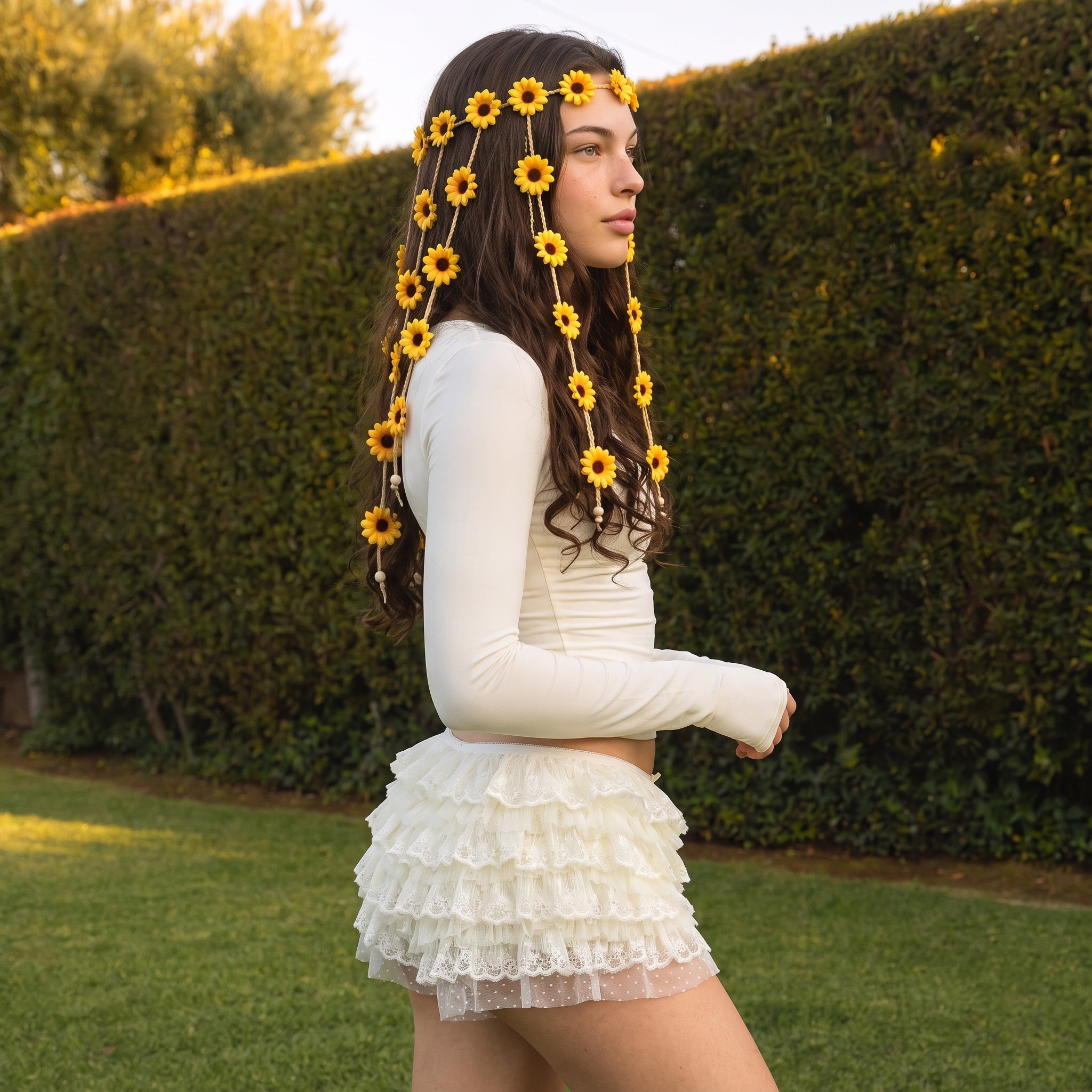 Image of Full body view of a woman wearing a Sunflower Yellow flower headband, cascading boho hair wreath, cream ruffled outfit