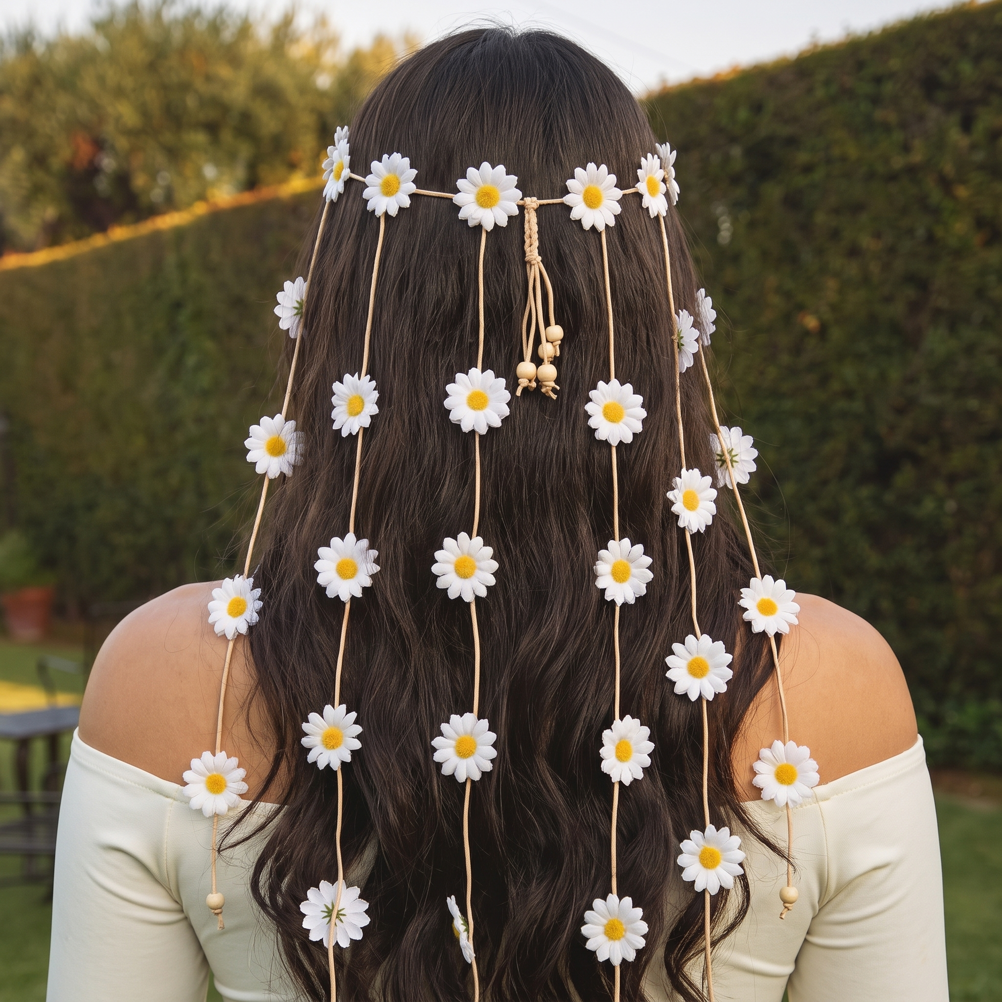 Image of Back view of a White Daisy flower headband cascading down long hair, boho hair wreath detail with wood beads, off-shoulder cream top
