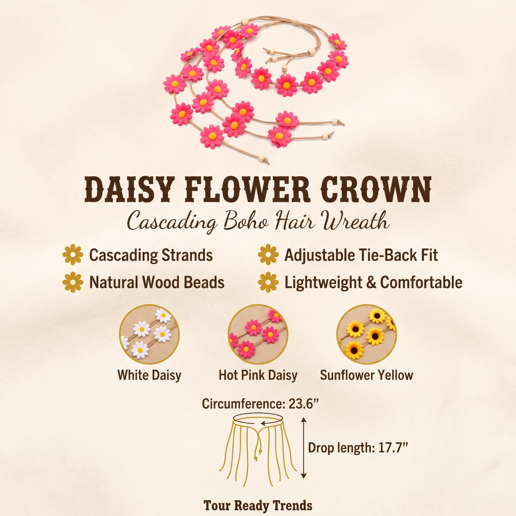 Image of cascading boho hair wreath available in White Daisy, Hot Pink Daisy, and Sunflower Yellow, 23.6 inch adjustable circumference, 17.7 inch drop length