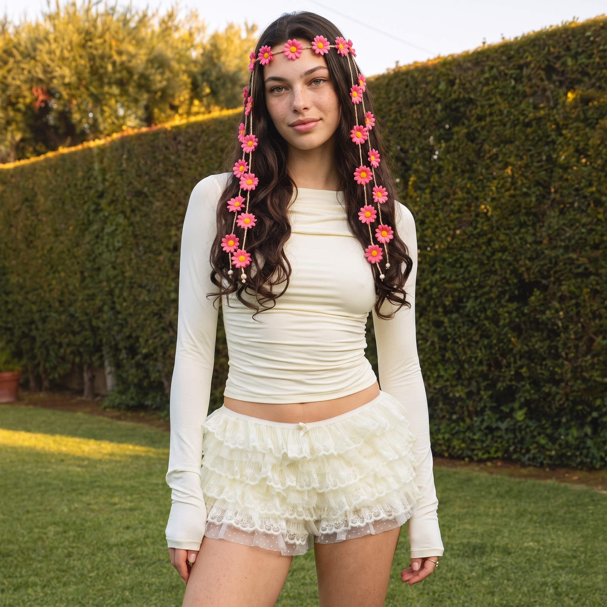 Image of Full body front view of a woman wearing a Hot Pink Daisy flower headband, cascading boho hair wreath, cream outfit