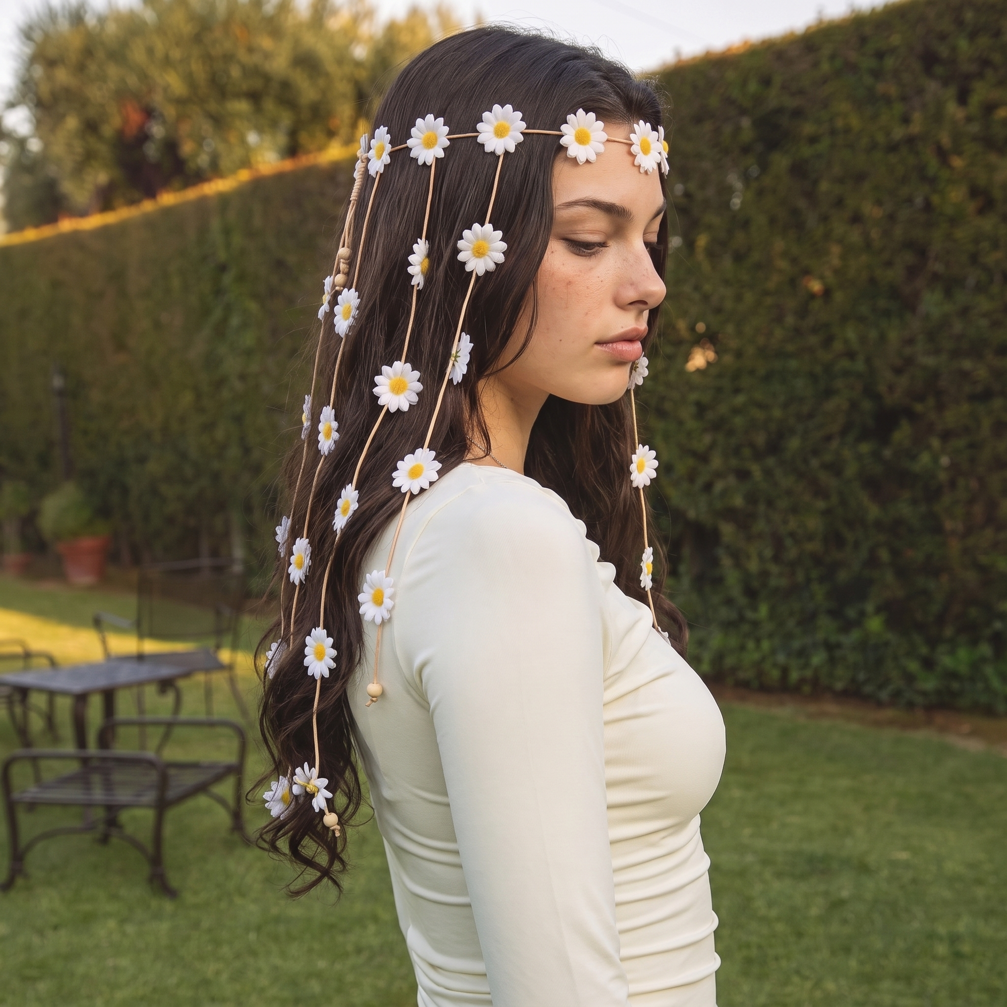 Image of Close-up side profile of a woman wearing a White Daisy flower headband, cascading boho hair wreath with natural wood beads, cream top and garden hedge background