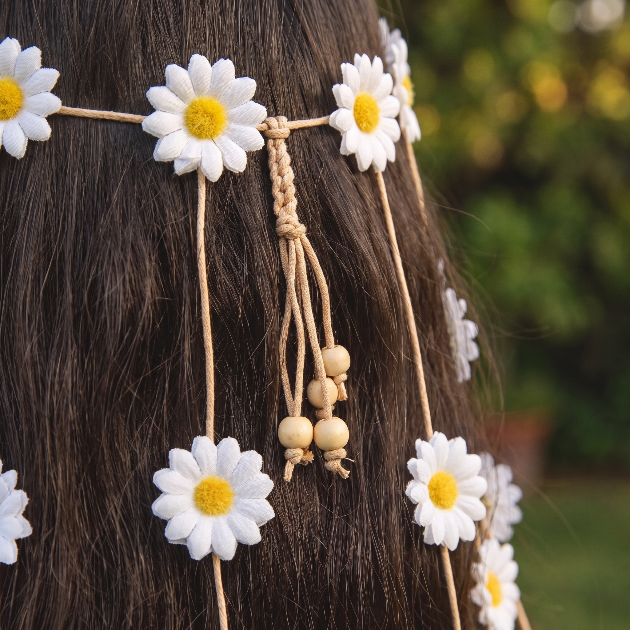 Image of Close-up of the White Daisy flower headband's adjustable tie-back fit and natural wood bead detail
