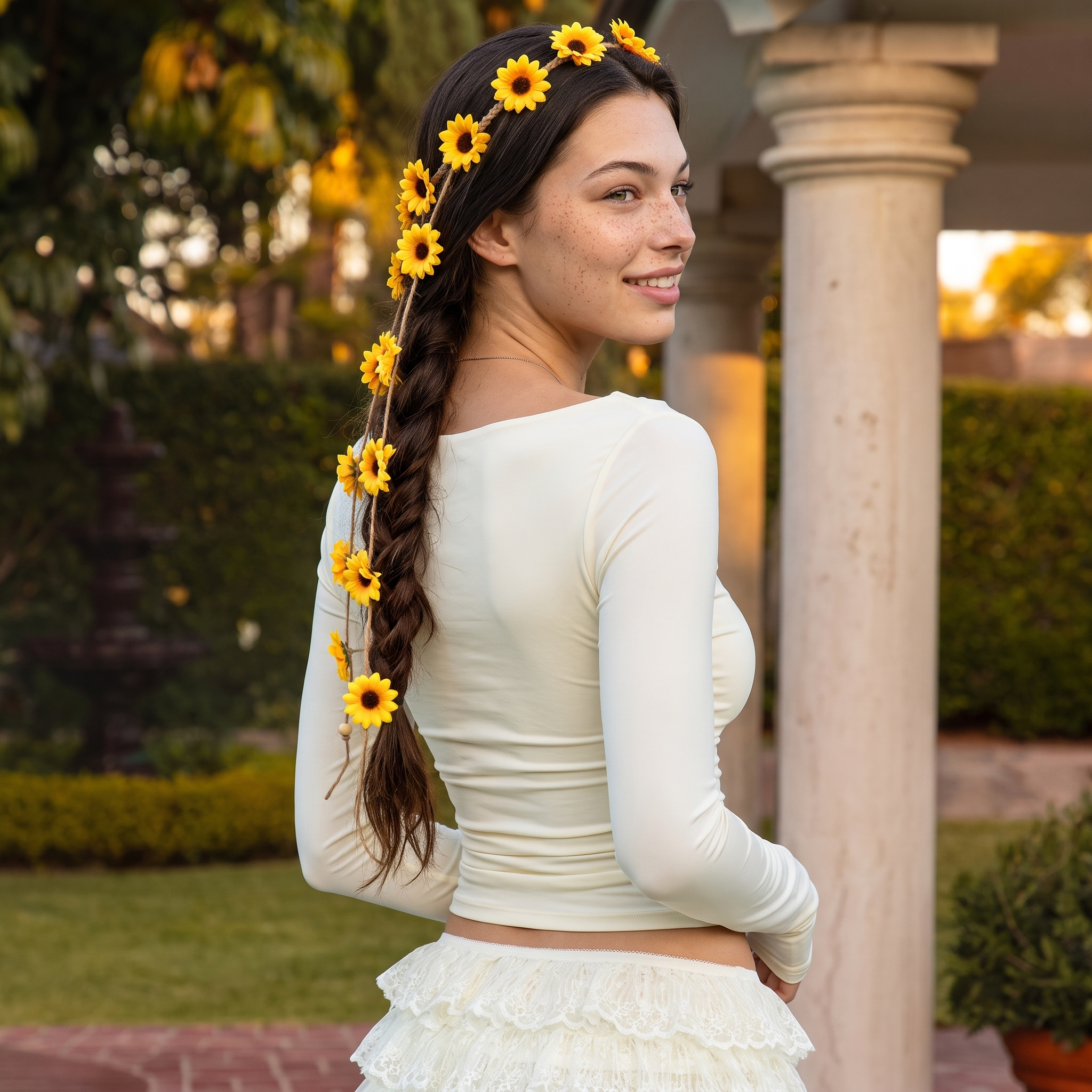 Image of Woman smiling while wearing a Sunflower Yellow flower headband, cascading boho hair wreath, garden lifestyle photo