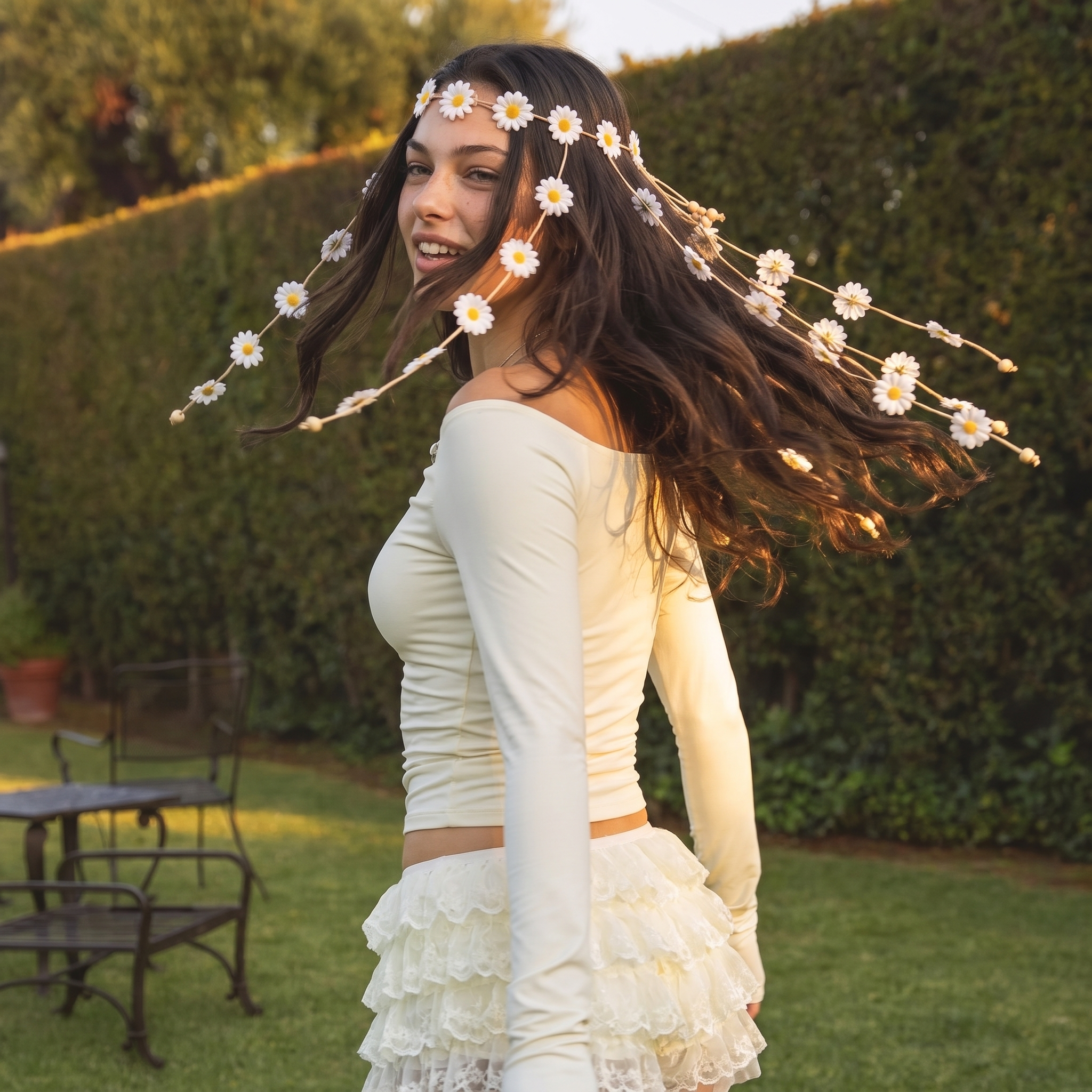 Image of Side view of a woman wearing a White Daisy flower headband, hair in motion showing the cascading daisy strands, boho festival style