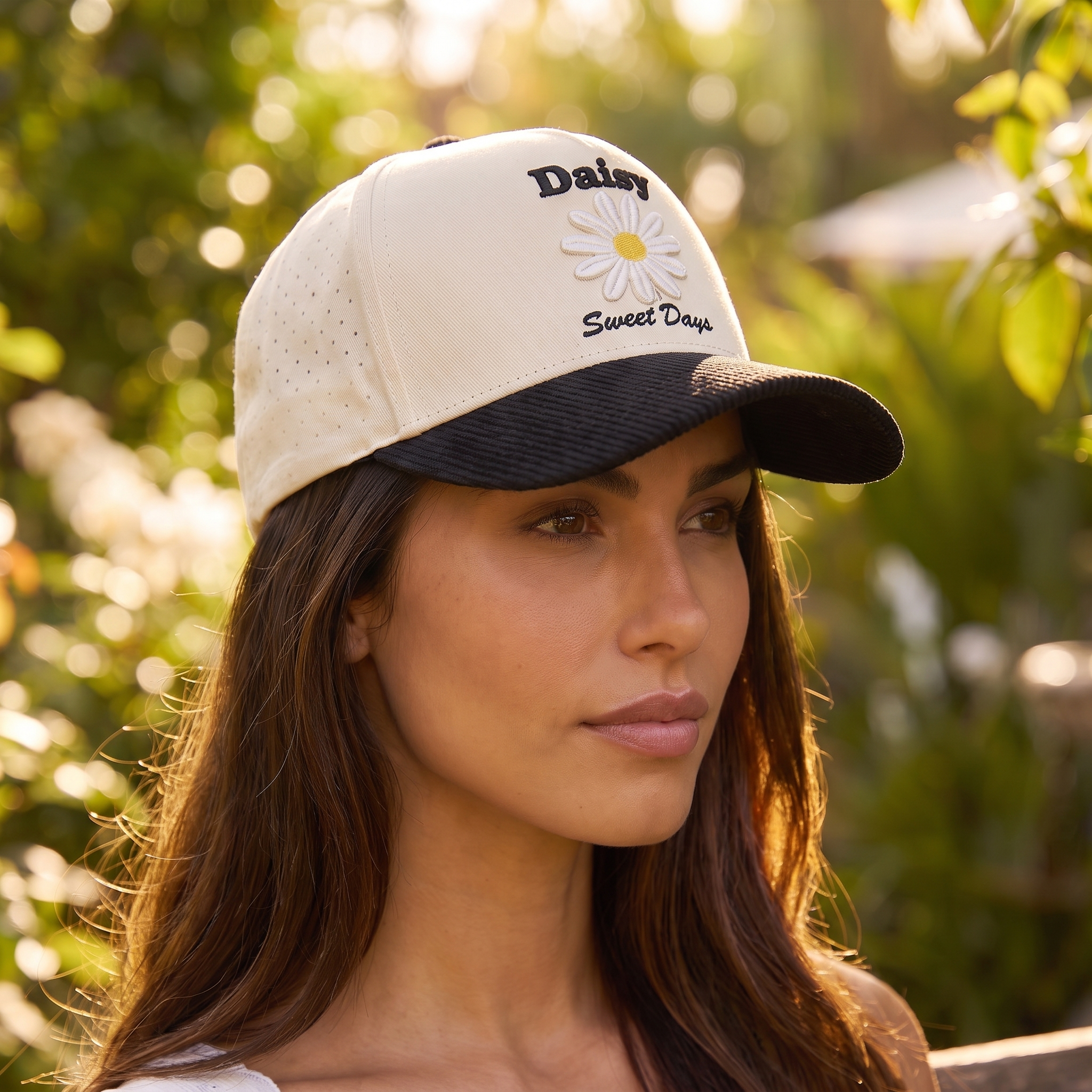 Image of Woman wearing a retro trucker hat with an embroidered daisy patch, close-up side profile in a garden setting