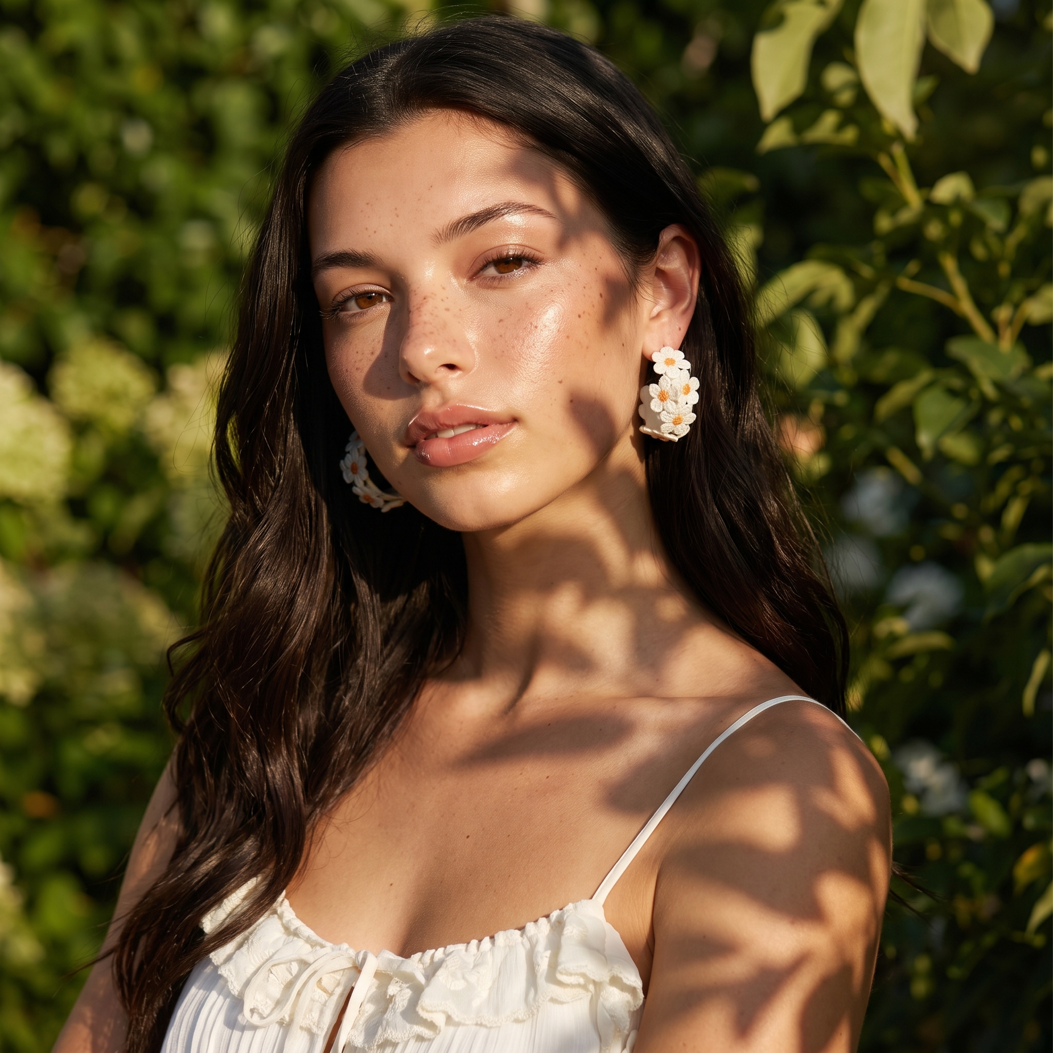 Image of Close-up of woman wearing embroidered daisy hoop earrings in Ivory White, garden background, Full Bloom collection