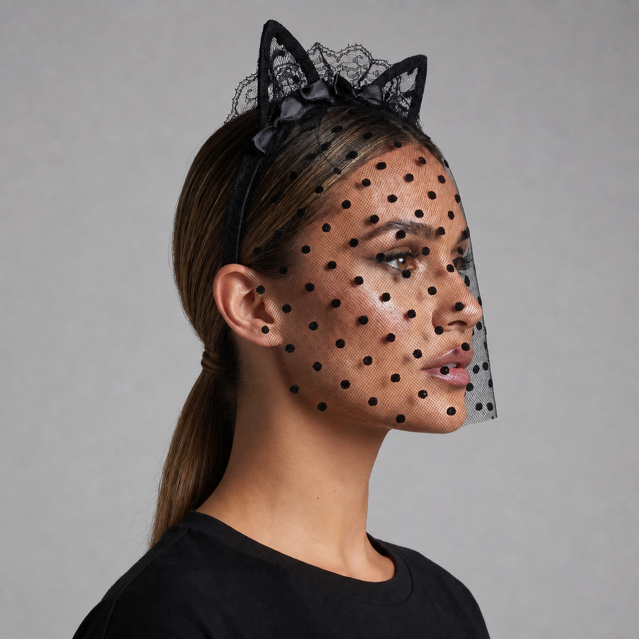 Image of Black Cat Ear Veil Headband | Lace & Polka Dots