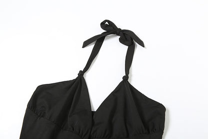Summer Sexy Sexy Deep V Plunge neck Halter Backless Wooden Ear Solid Color Jumpsuit