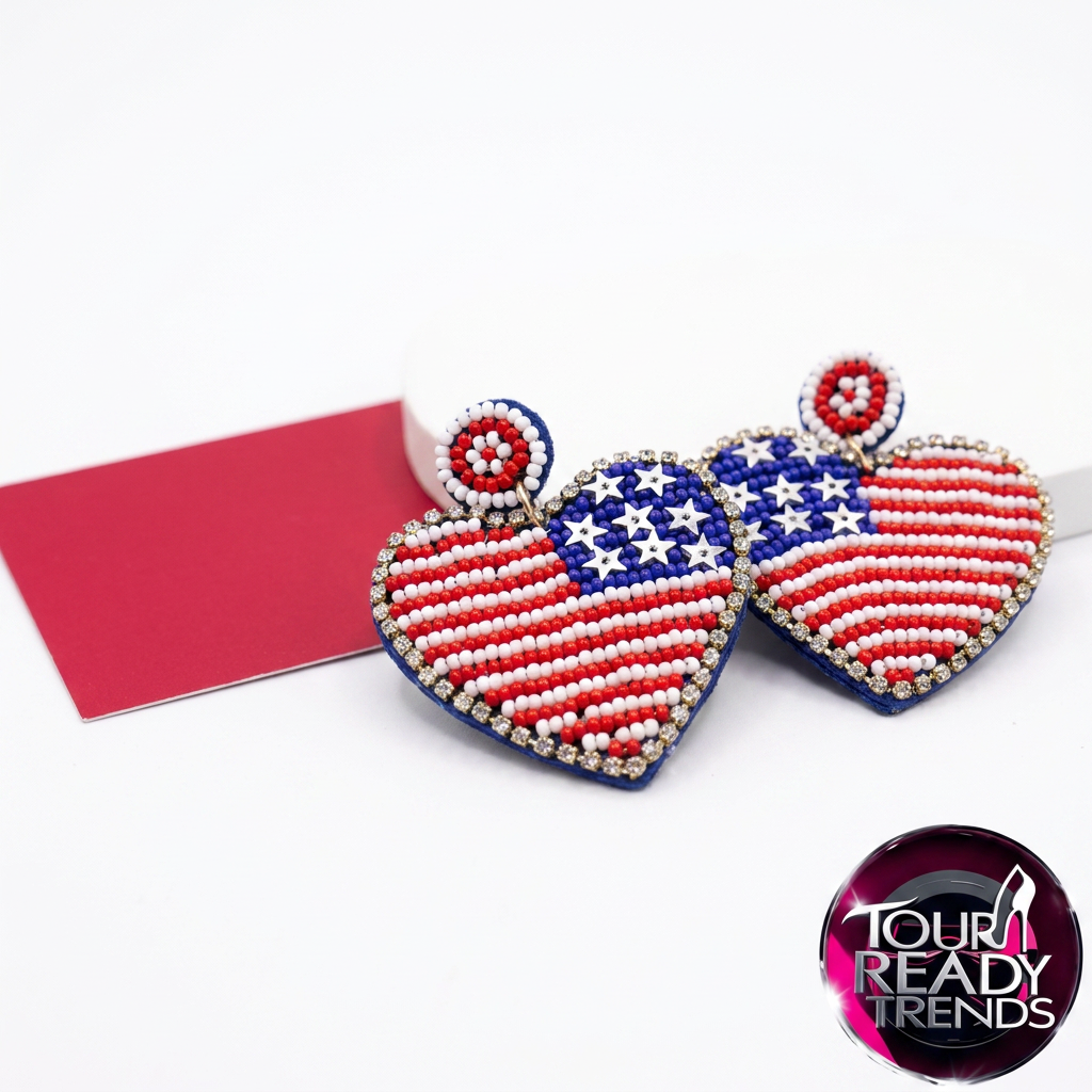 Image of Seed Bead American Flag Heart Earrings