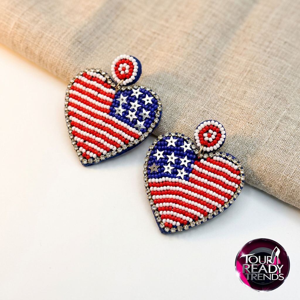 Image of Seed Bead American Flag Heart Earrings