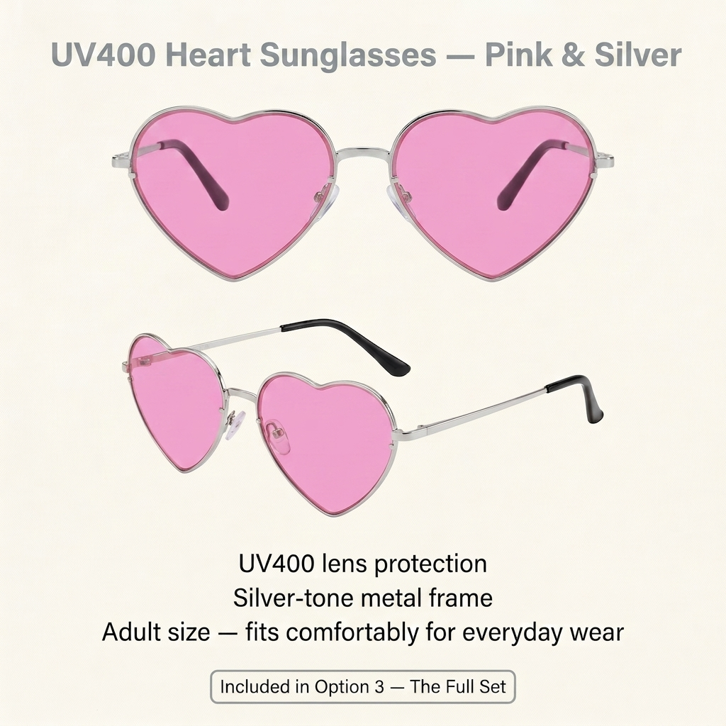 Image of Heart-shaped sunglasses with pink lenses and silver-tone metal frames, shown from two angles on a light cream background with descriptive text.