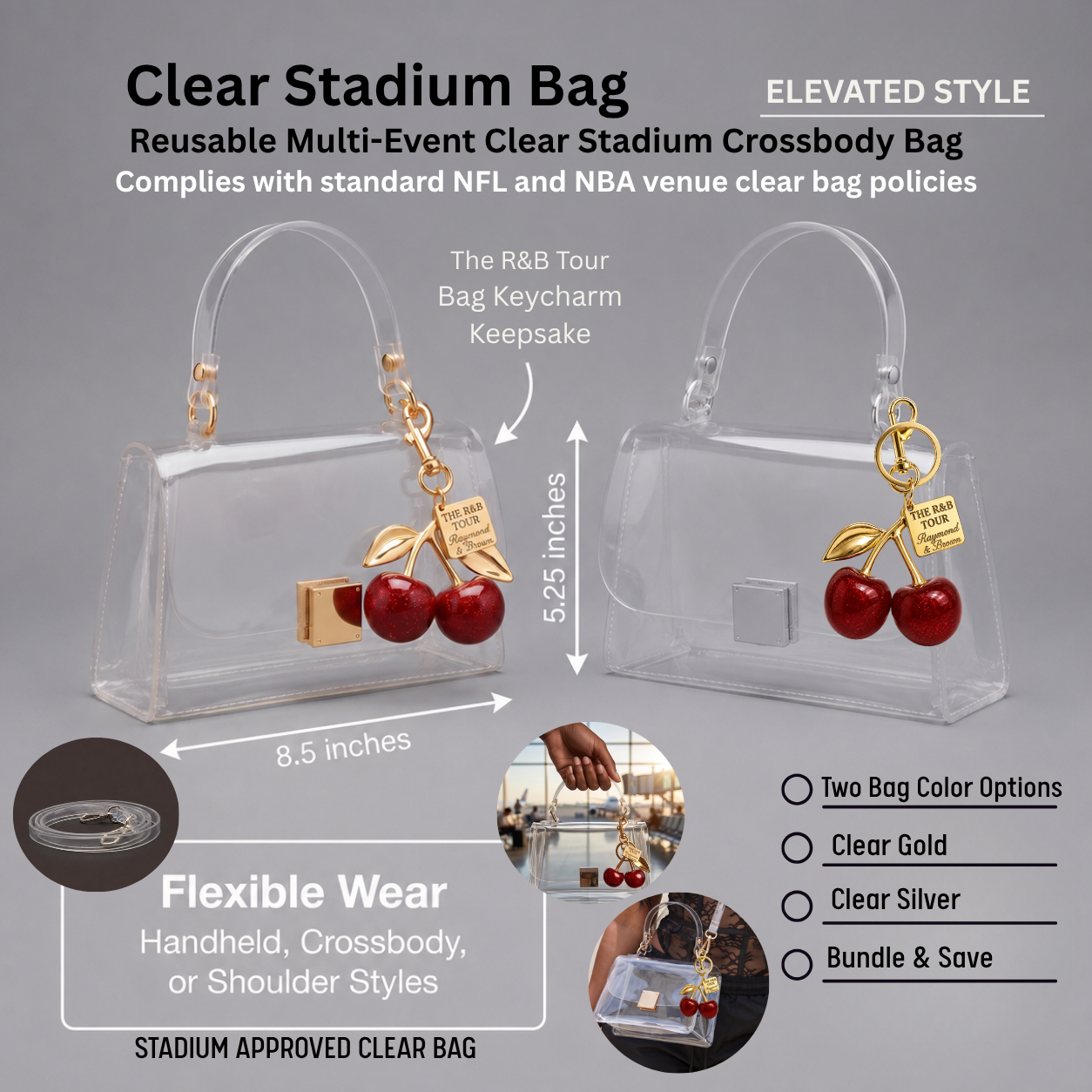 Image of Clear stadium bag features graphic — reusable multi-event crossbody, NFL and NBA bag policy compliant, 8.5 x 5.25 inches