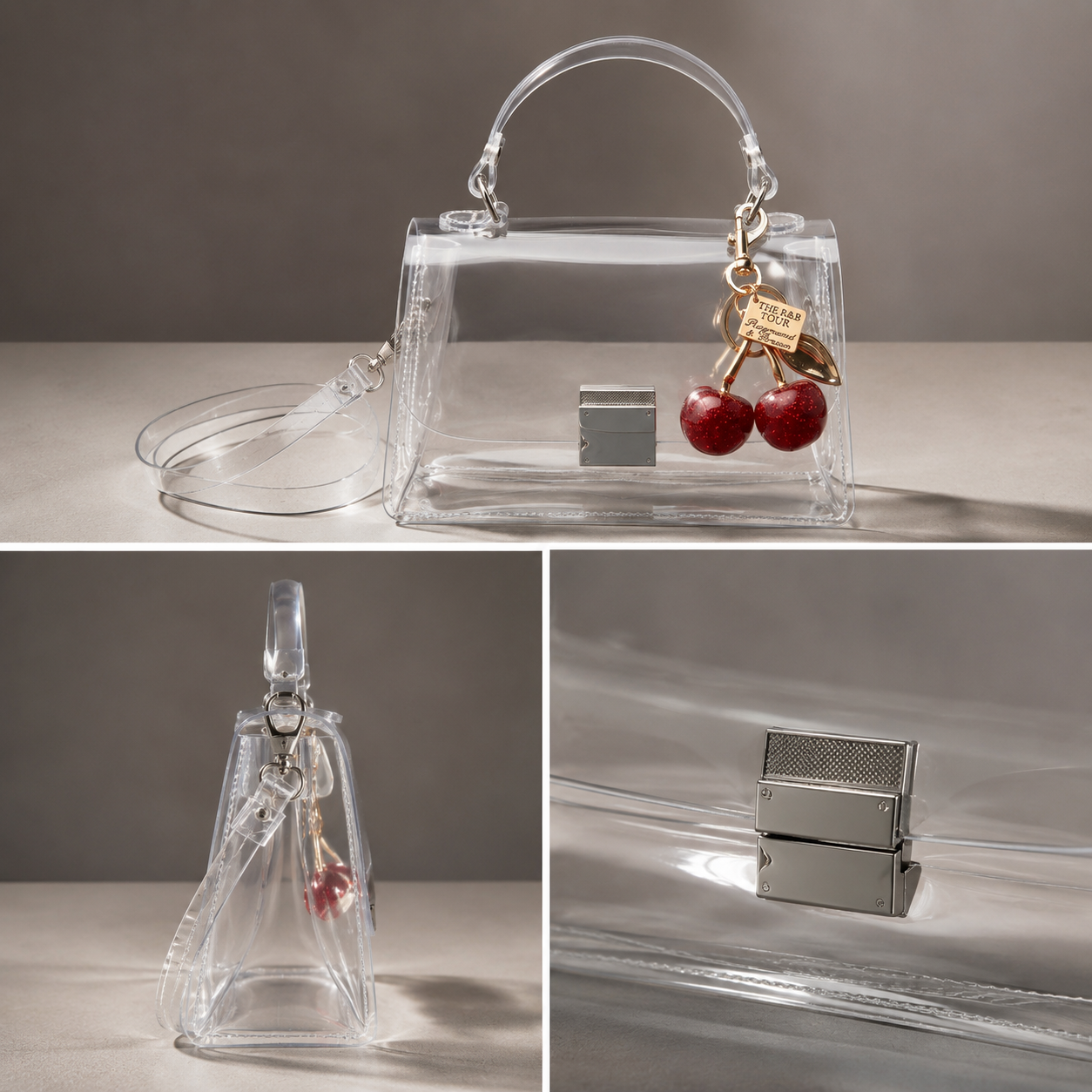 Image of Three-panel product photo of a transparent acrylic handbag with a curved top handle, a silver rectangular front clasp, and a cherry charm with a small gold tag. The top panel shows the bag open and empty, the middle panel shows the bag closed with the cherry charm, and the bottom-right panel is a close-up of the silver clasp.