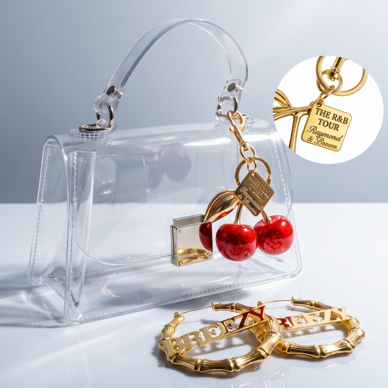 Image of Clear stadium bag with cherry charm and gold Breezy bamboo hoop earrings styled together