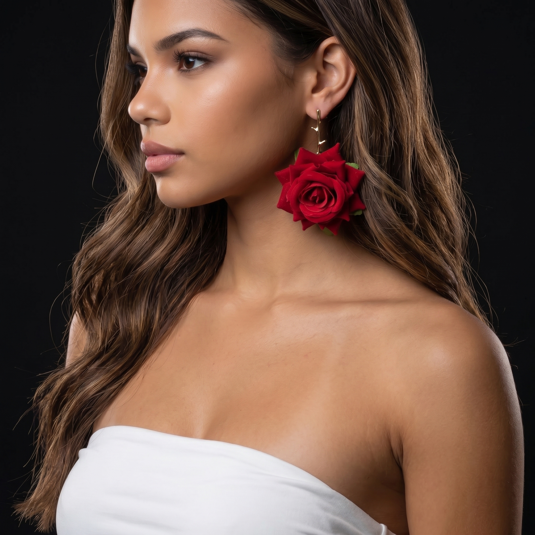 Image of Red Rose Drop Earrings Gold Stem Post