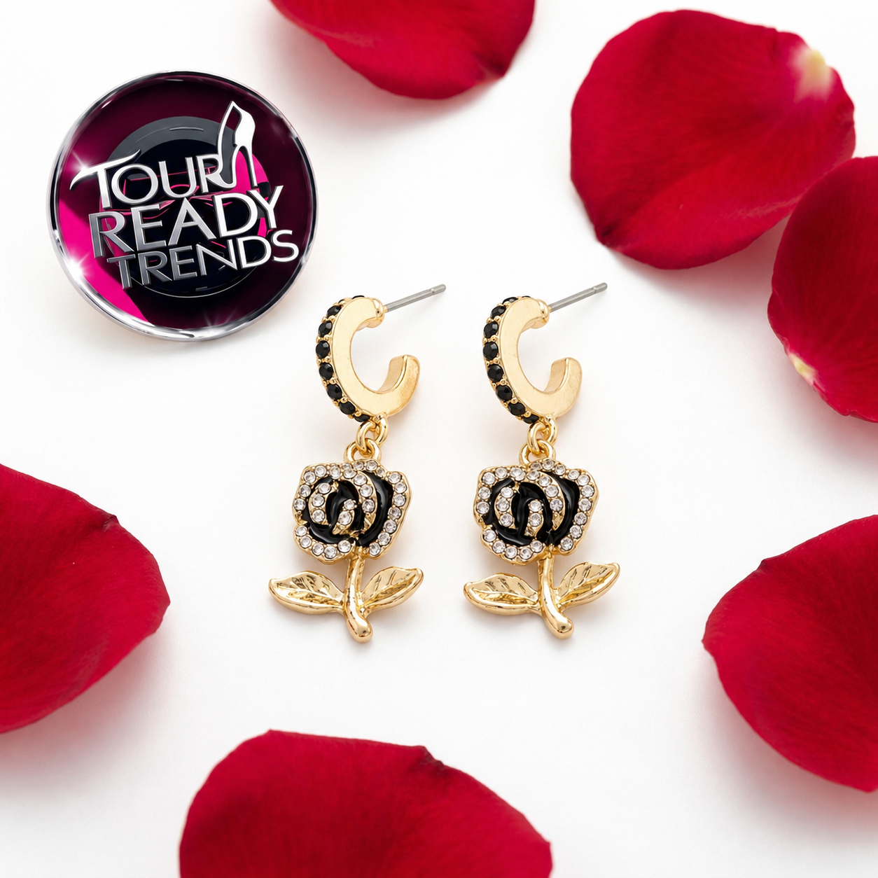 Image of Black Rhinestone Rose Huggie Hoop Earrings