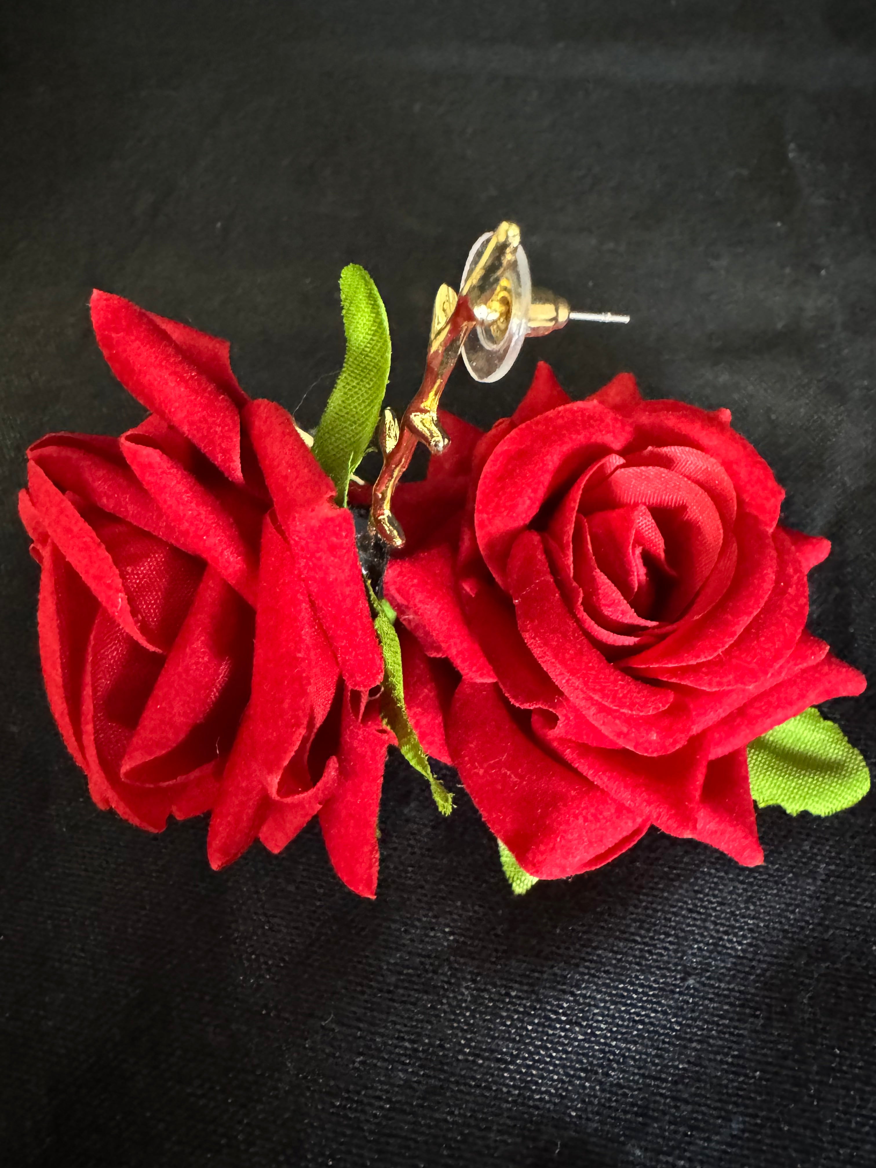 Image of Red Rose Drop Earrings Gold Stem Post