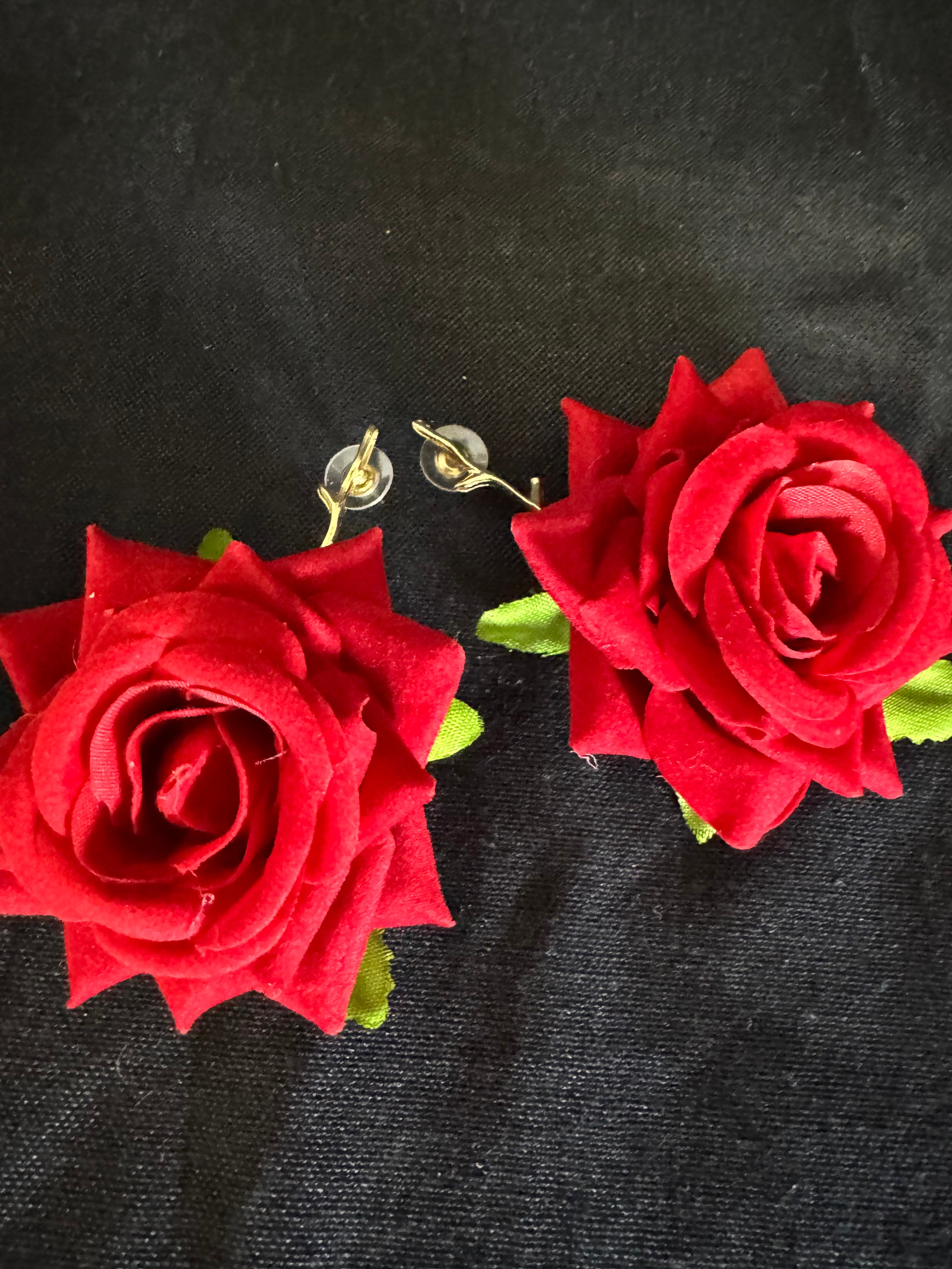 Image of Red Rose Drop Earrings Gold Stem Post
