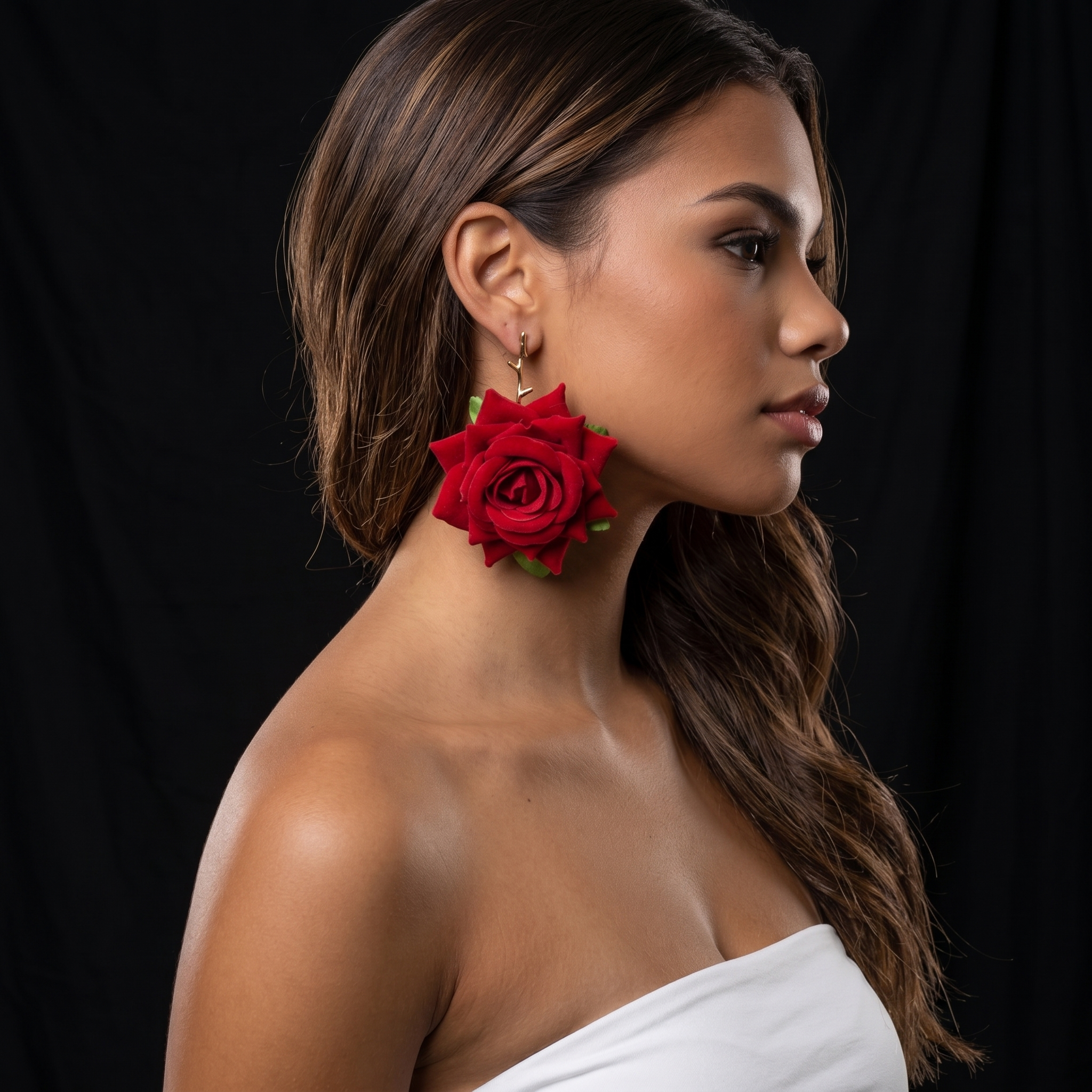 Image of Red Rose Drop Earrings Gold Stem Post