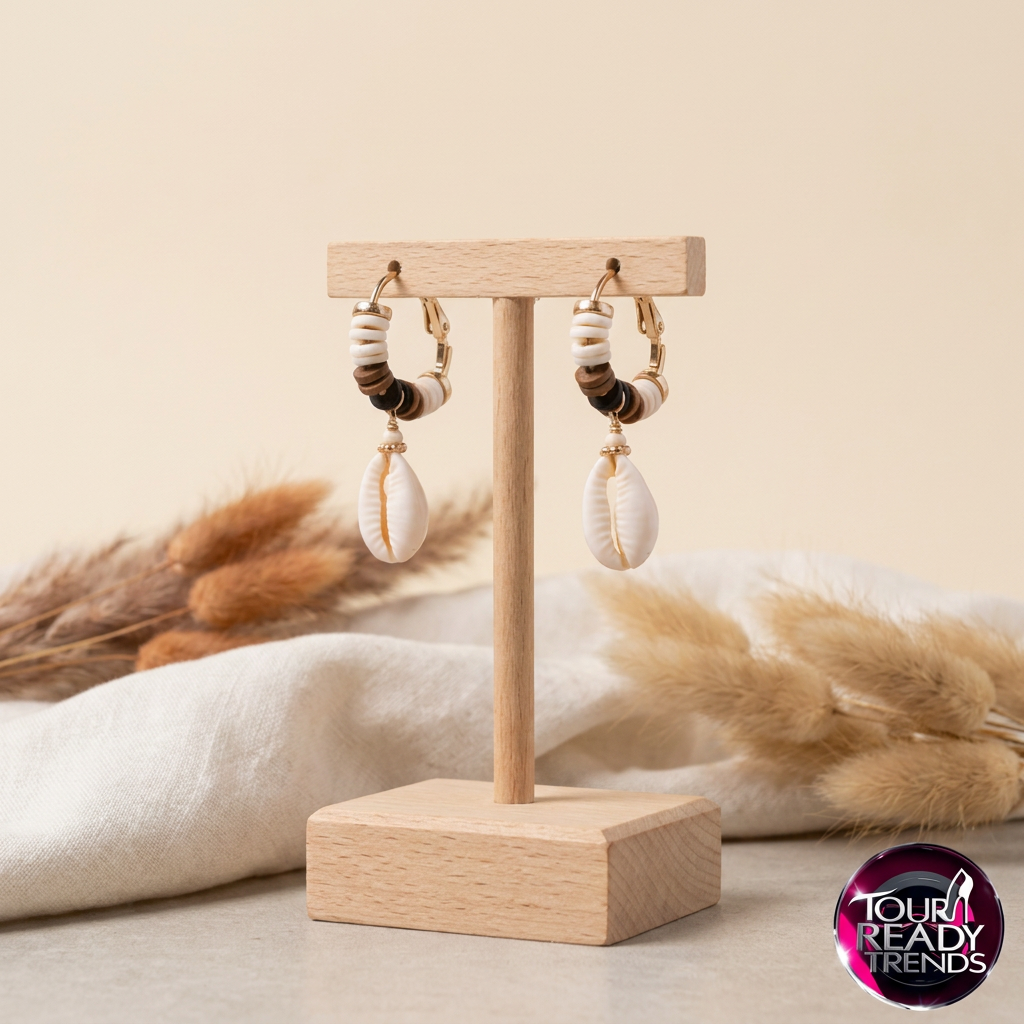 Image of Gold seashell earrings displayed on a jewelry stand — wood bead hoops with genuine cowrie shell drops