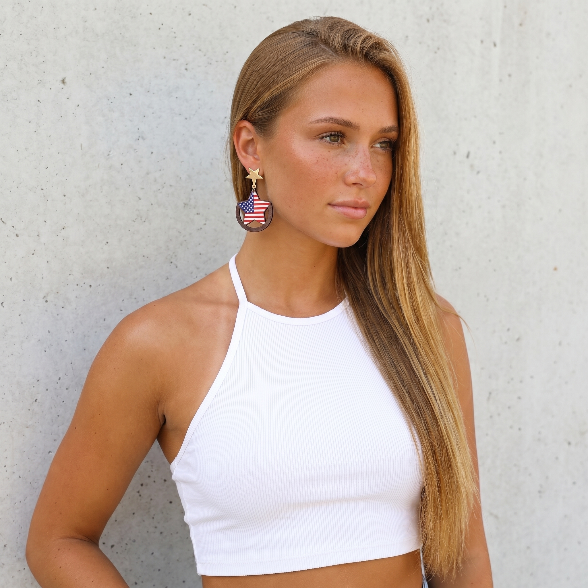 Image of Wooden USA Flag Star Drop Earrings