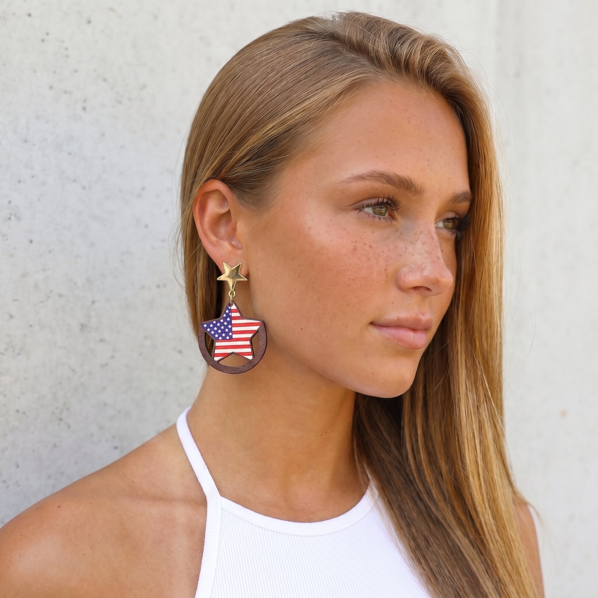 Image of Wooden USA Flag Star Drop Earrings