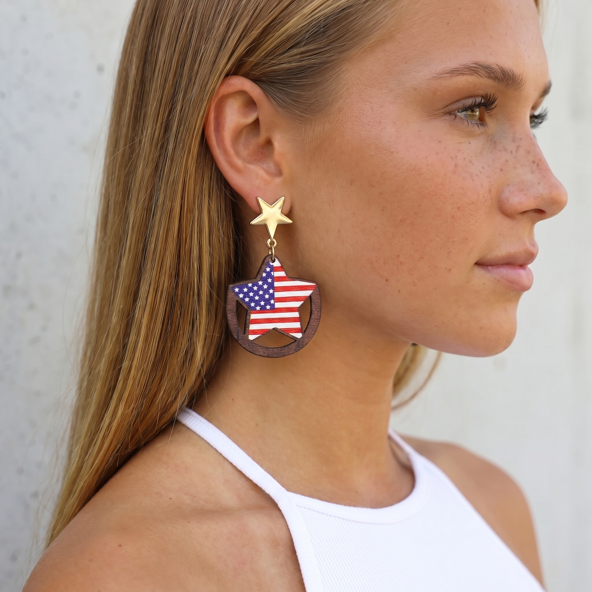 Image of Wooden USA Flag Star Drop Earrings