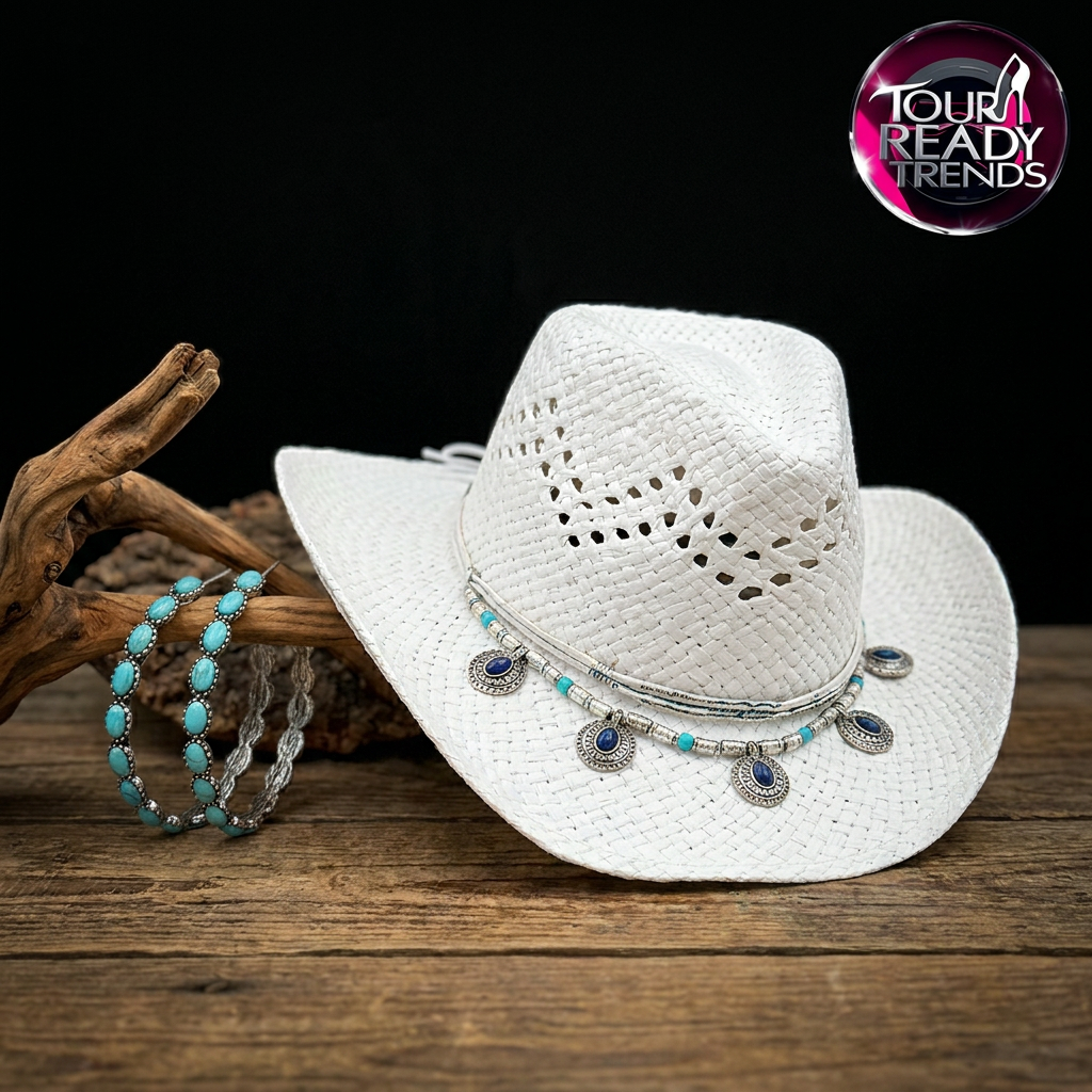 Image of A white woven cowboy hat with silver-toned decorative trim and turquoise-blue accents, displayed on a rustic wooden surface with bracelets and driftwood. A 'Tour Ready Trends' logo is visible in the top right corner.
